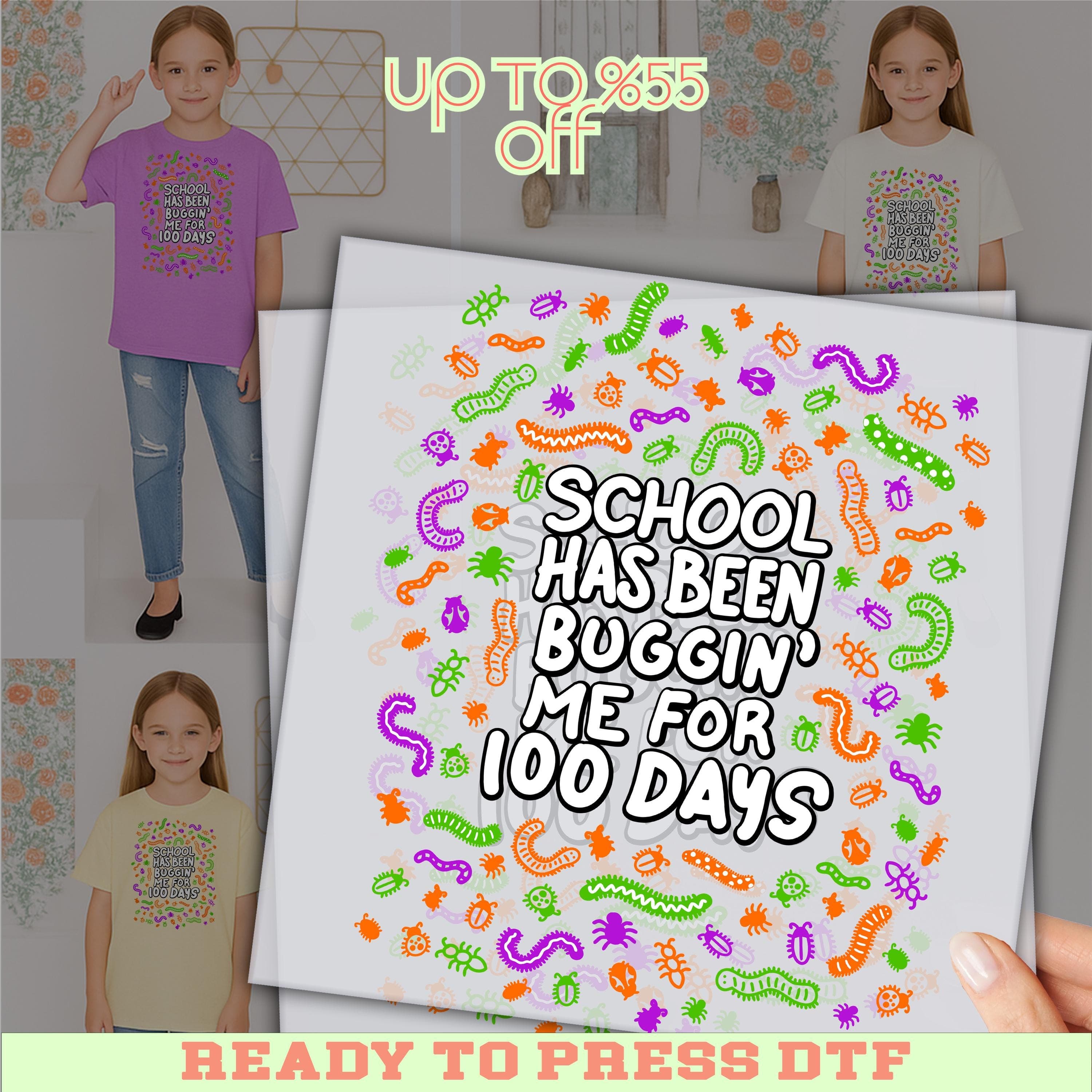 The image is a promotional poster for a T-shirt design featuring a school girl and the text "School has been buggin' me for 100 days".
