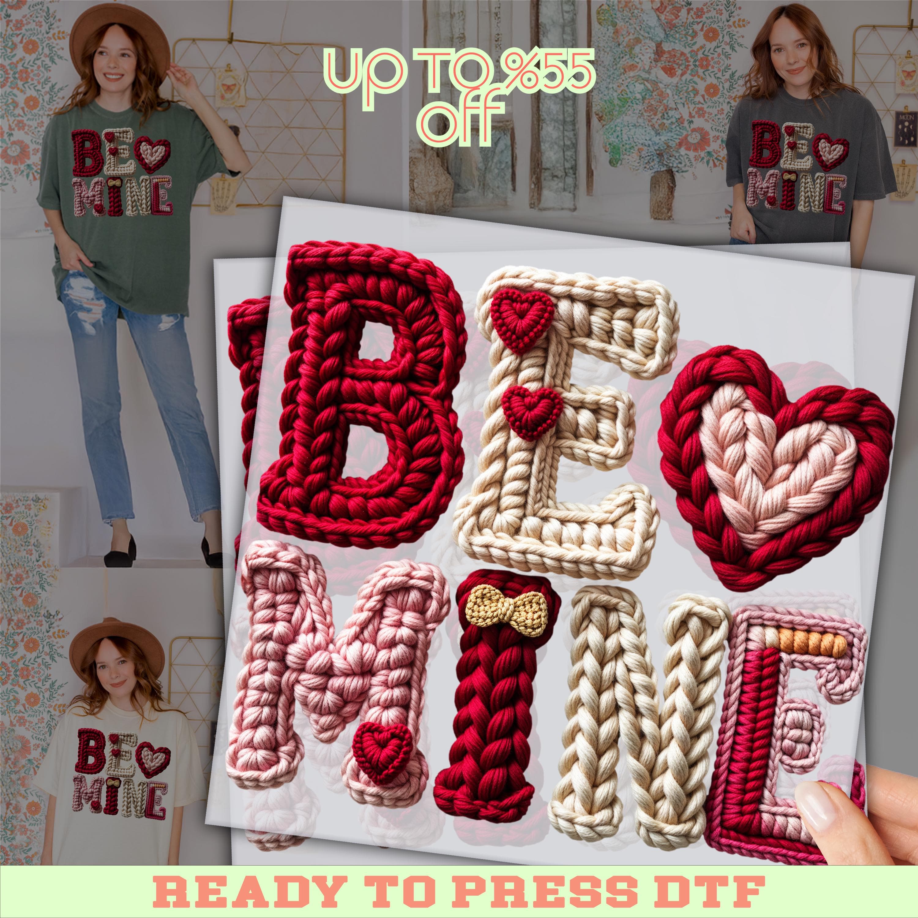 Red Be Mine With Hearts Faux Yarn DTF Transfer: Valentines Day Heat Press