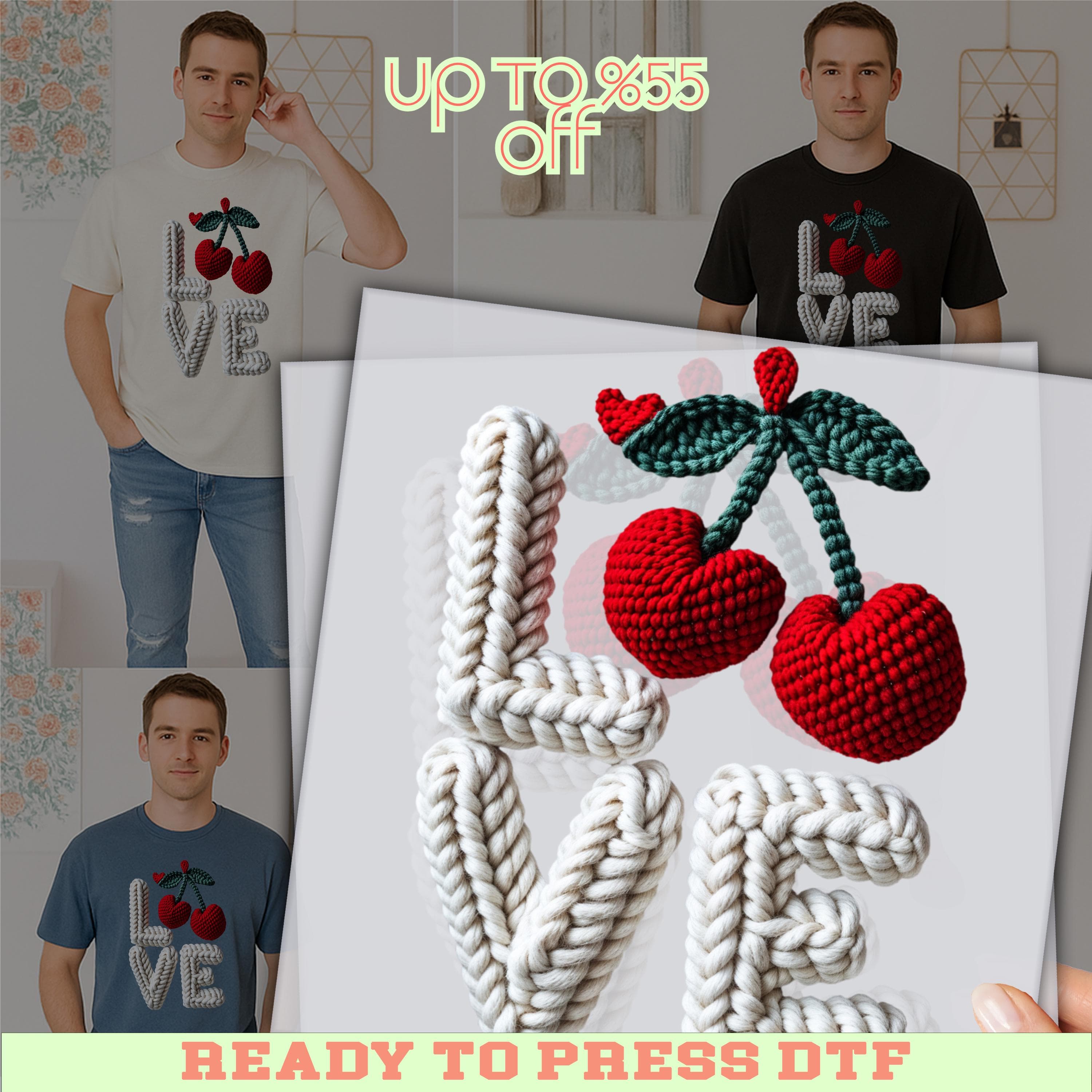 Valentines Day Heat Press: Love and Cherry Faux Yarn DTF Print