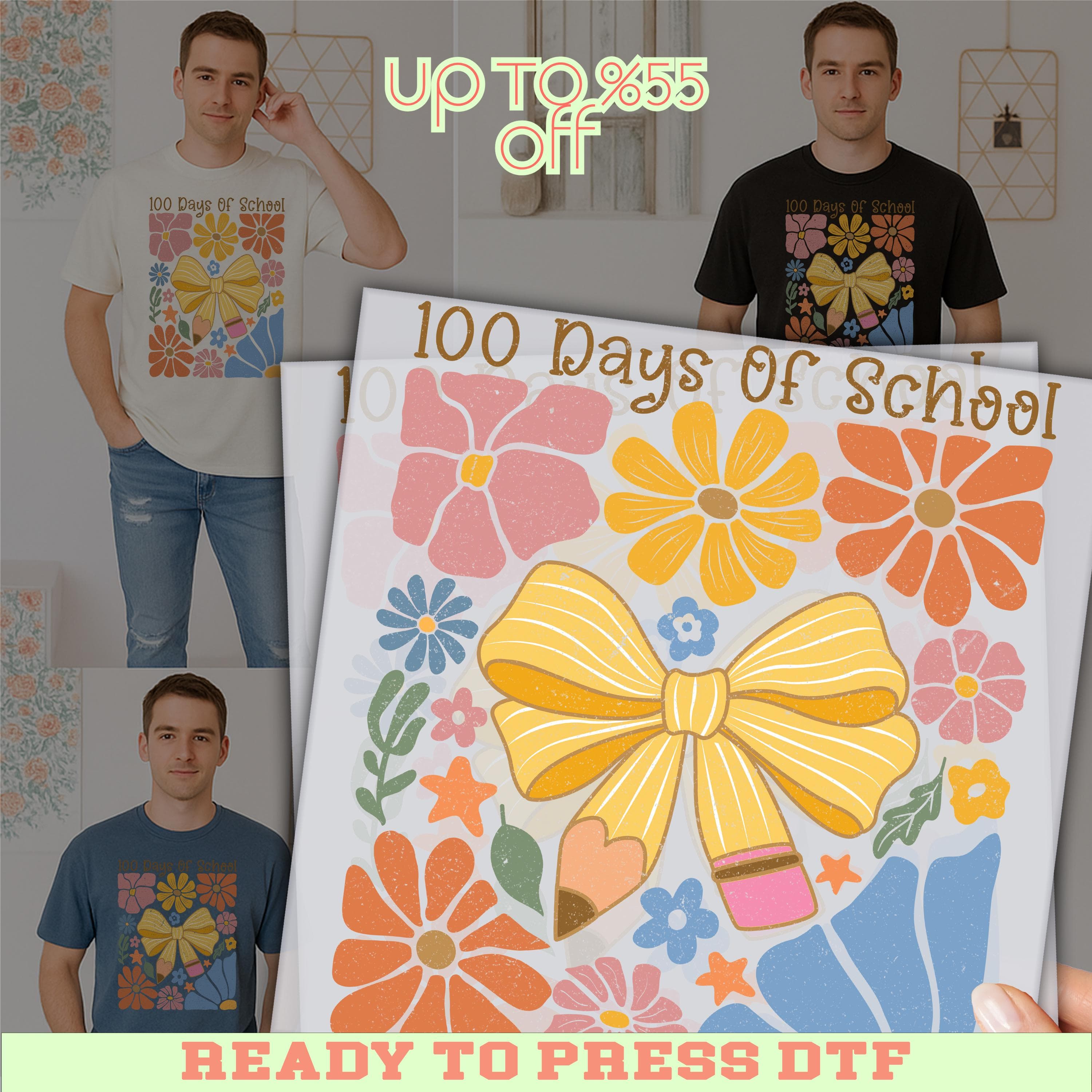 The image is a promotional advertisement featuring a man wearing a t-shirt with a floral design and a large yellow bow. The text "UP TO 8.55 OFF" is displayed above the t-shirt, indicating a discount or sale. The man is also shown holding a book with a floral design on the cover. The image is a collage of multiple photos, and the text "READY TO PRESS DTF" is displayed at the bottom, suggesting that the image is ready for digital printing.