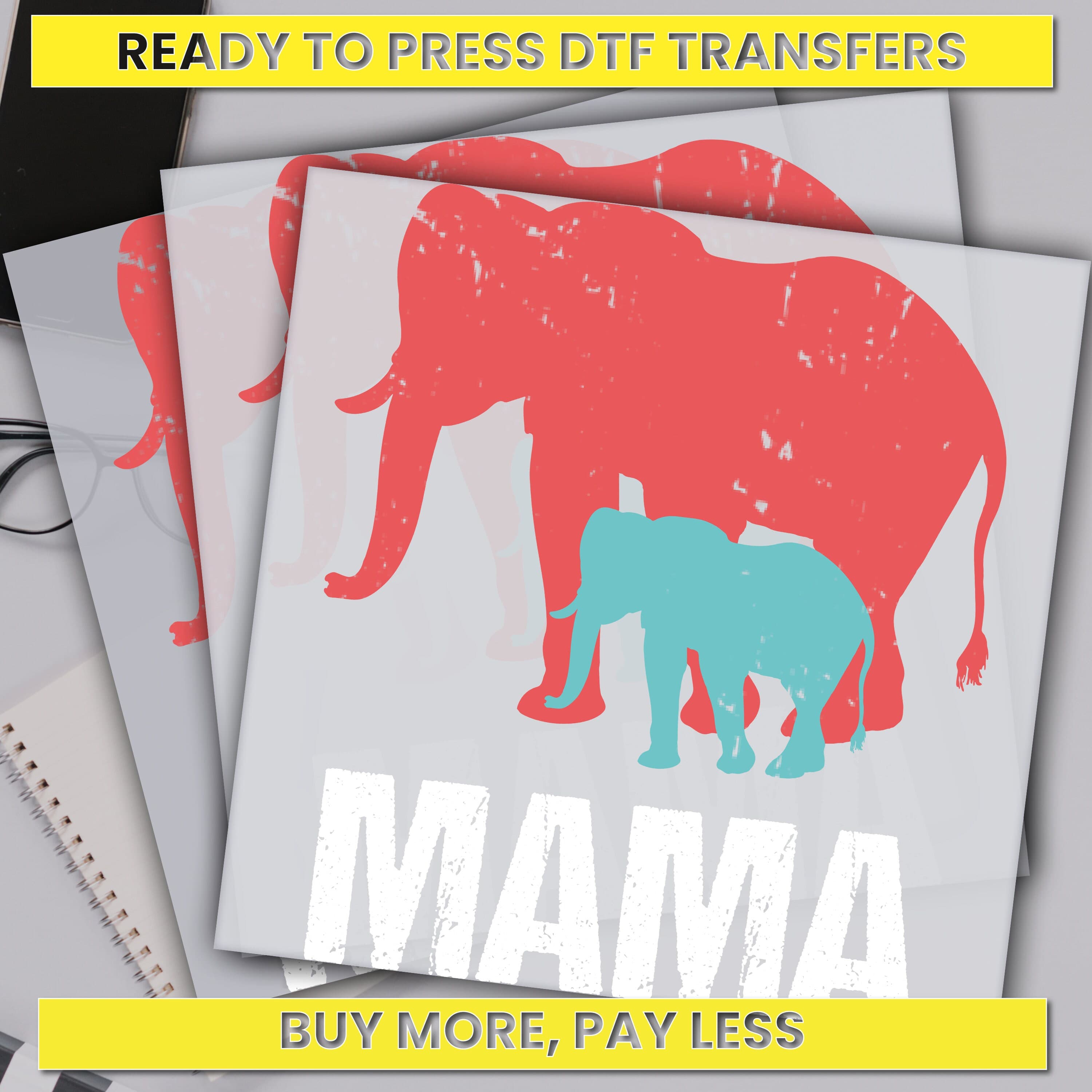 Retro Mama Elephant Dtf Transfer, Mom And Baby Ready For Press, Custom Dtf Transfers, Full Color Heat Transfer, DTF Prints