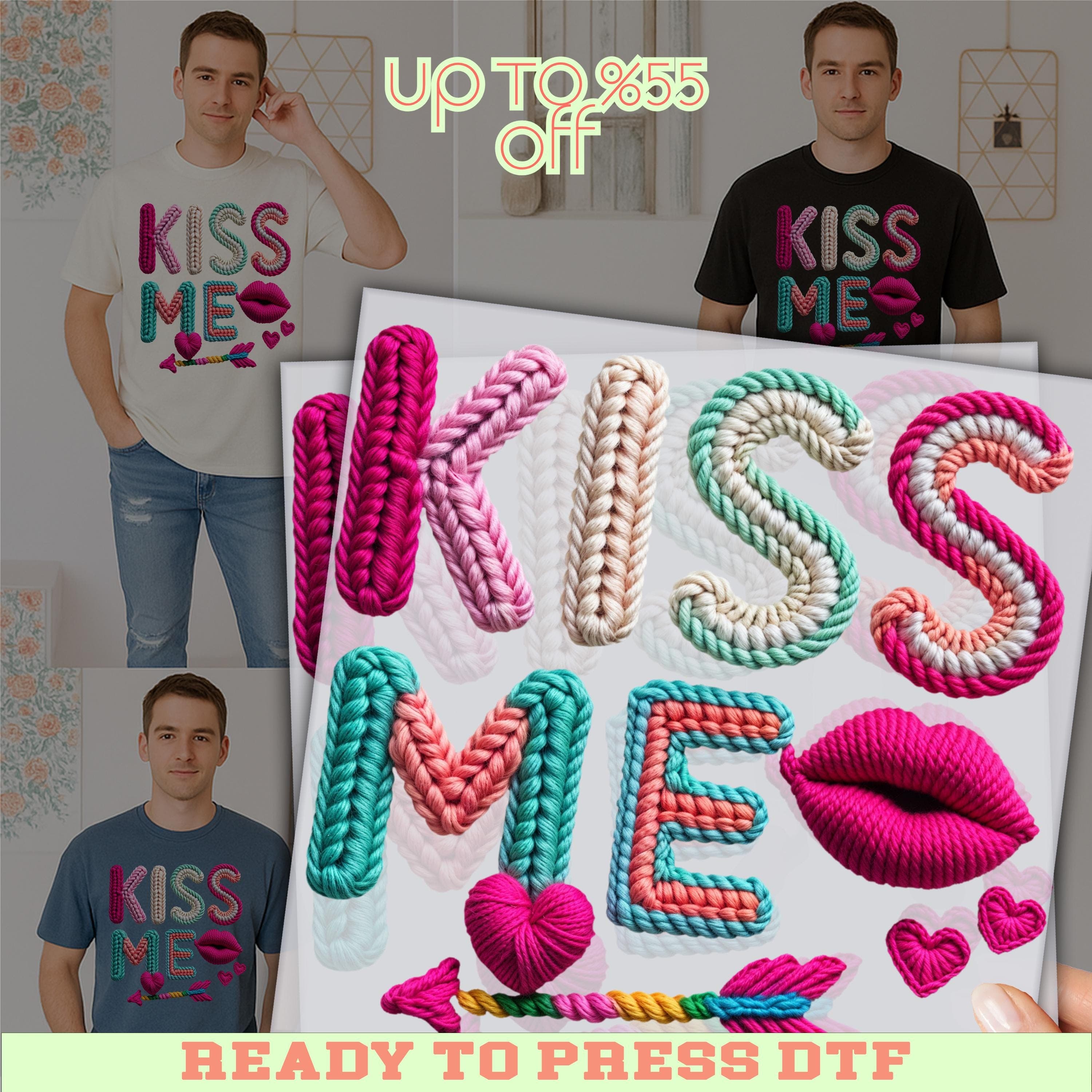 The image is a collage featuring a man wearing a white t-shirt with the text "KISS ME" and various colorful crochet elements, including hearts and lips, arranged in a creative and playful manner.