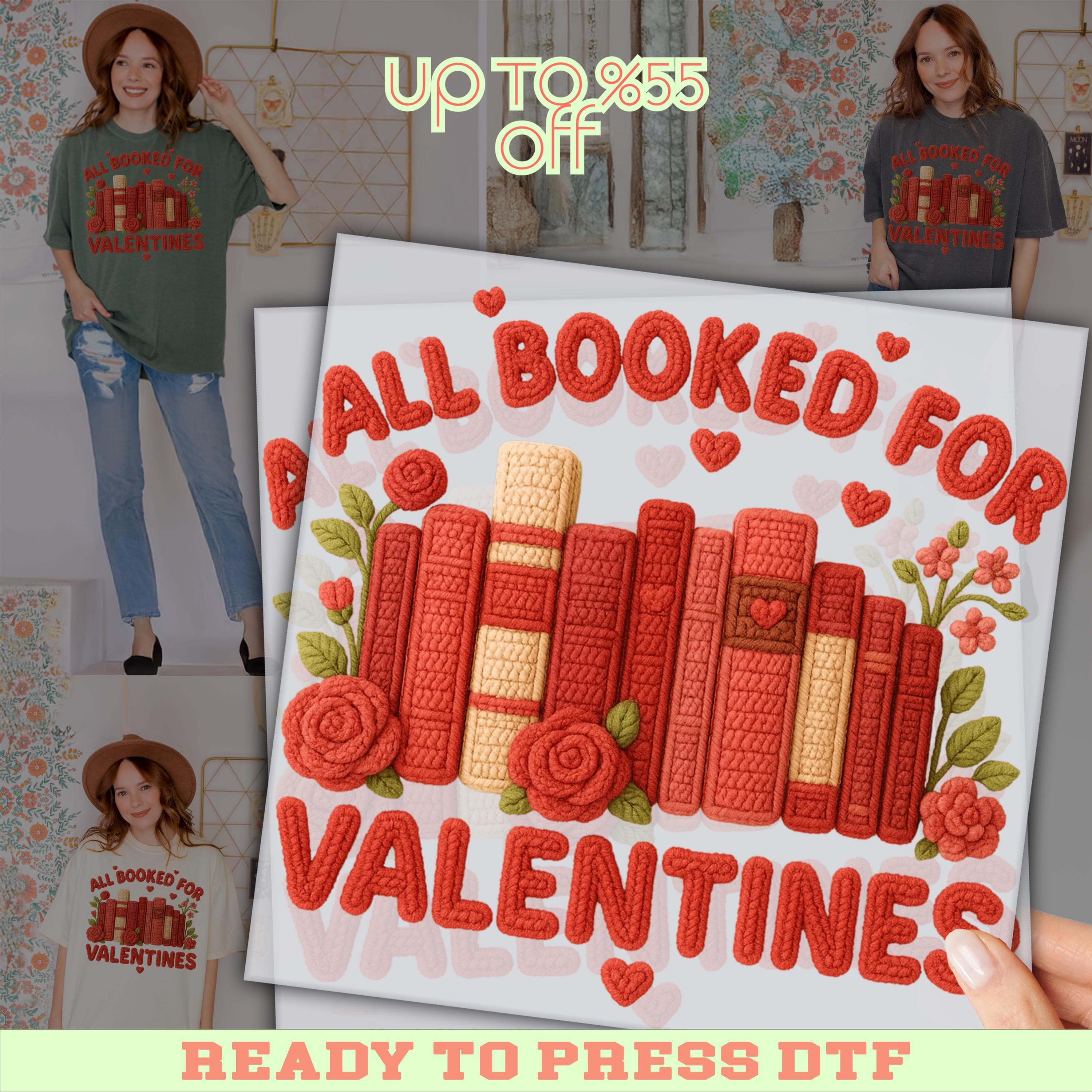 The image is a promotional advertisement featuring a collage of images with a central image of a book surrounded by red and yellow text that says "All Booked for Valentine's Day". The text is arranged in a playful and festive manner, suggesting that the book is being prepared for Valentine's Day.