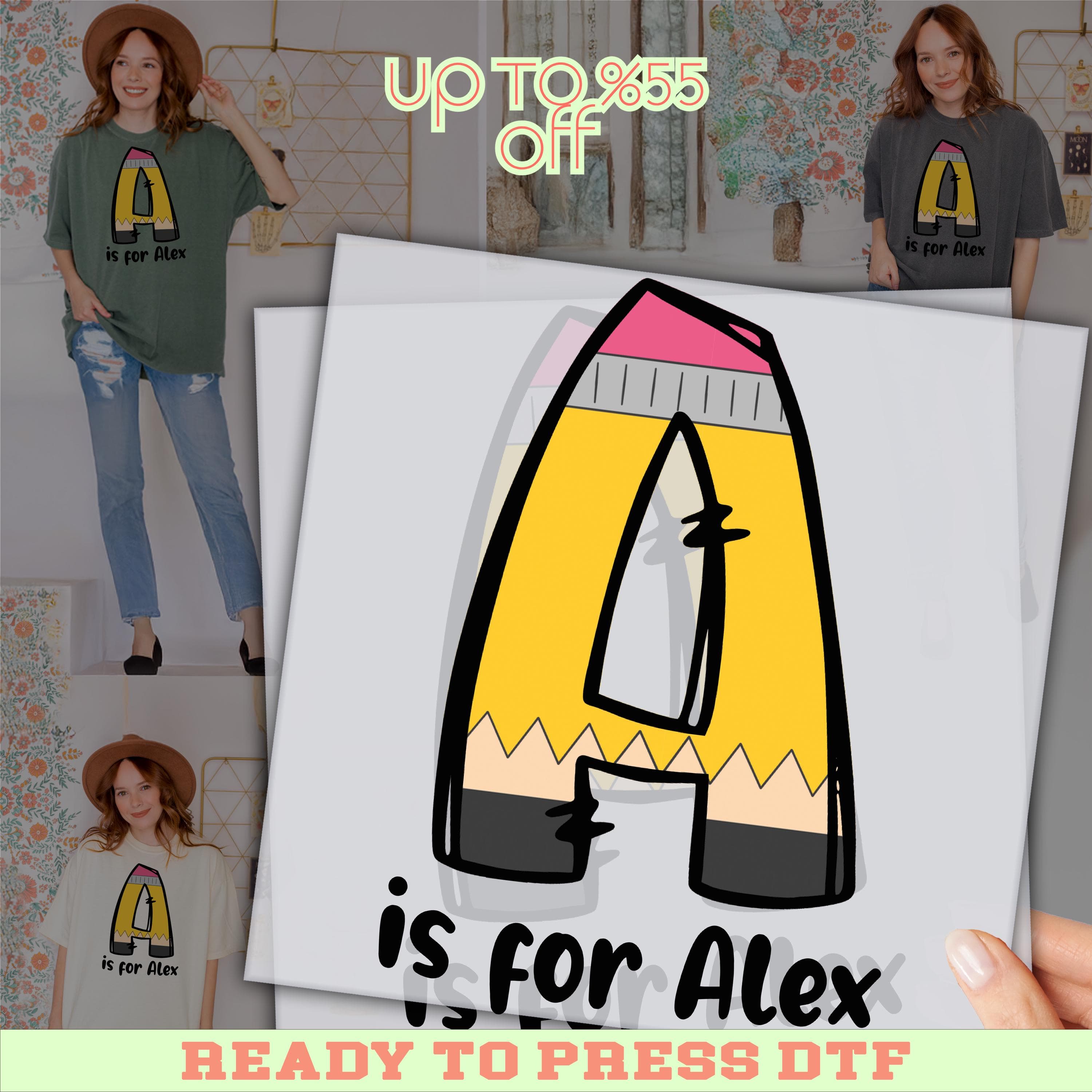 The image is a promotional poster for a product named "A is for Alex". It features a large stylized letter "A" made of pencils, along with the text "is for Alex" and "UP TO 8.55 OFF". The poster also includes a collage of images of people wearing t-shirts with the same design.