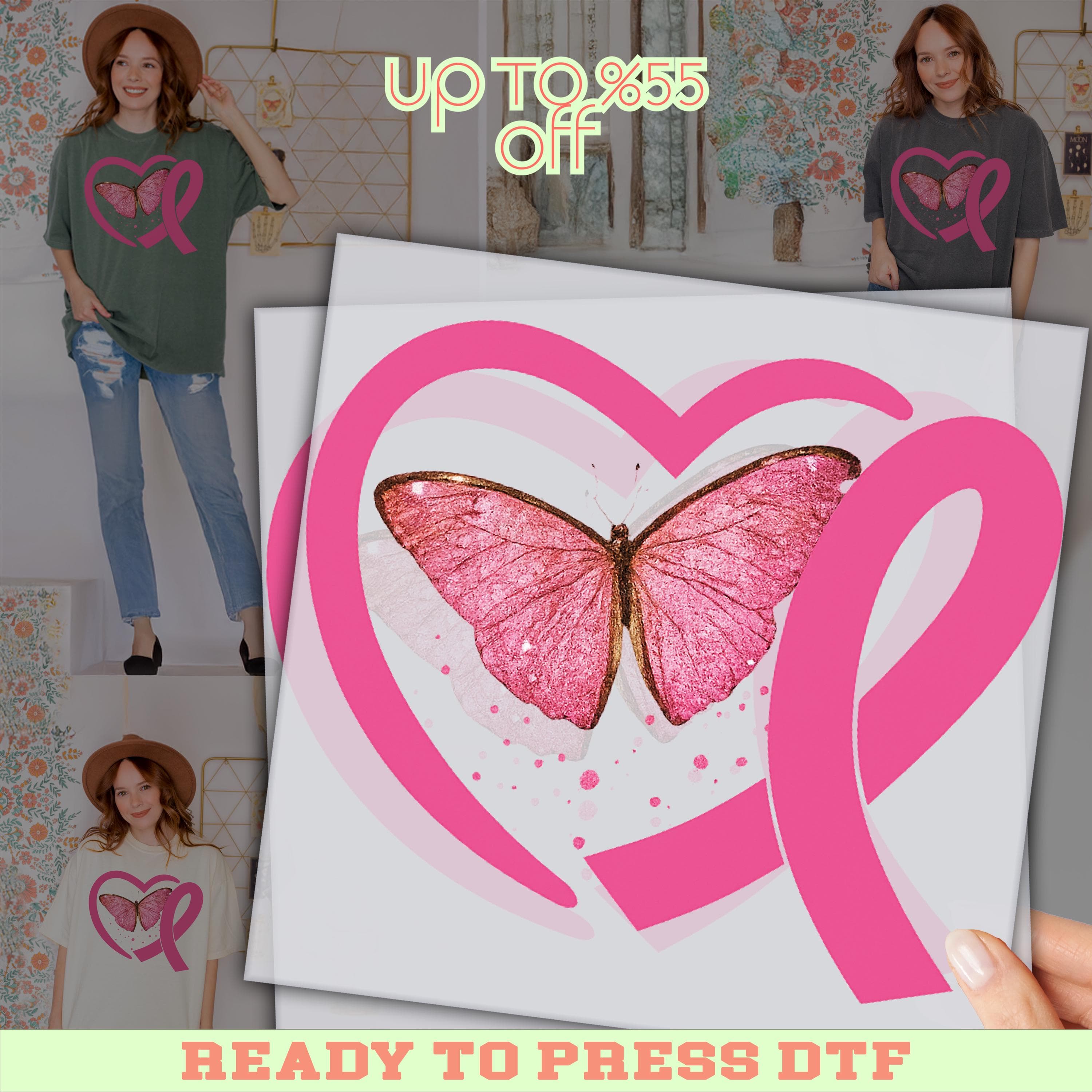 Pink Ribbon Butterfly DTF Transfer: Breast Cancer Awareness Heart DTF Print for Shirt or Hoodies