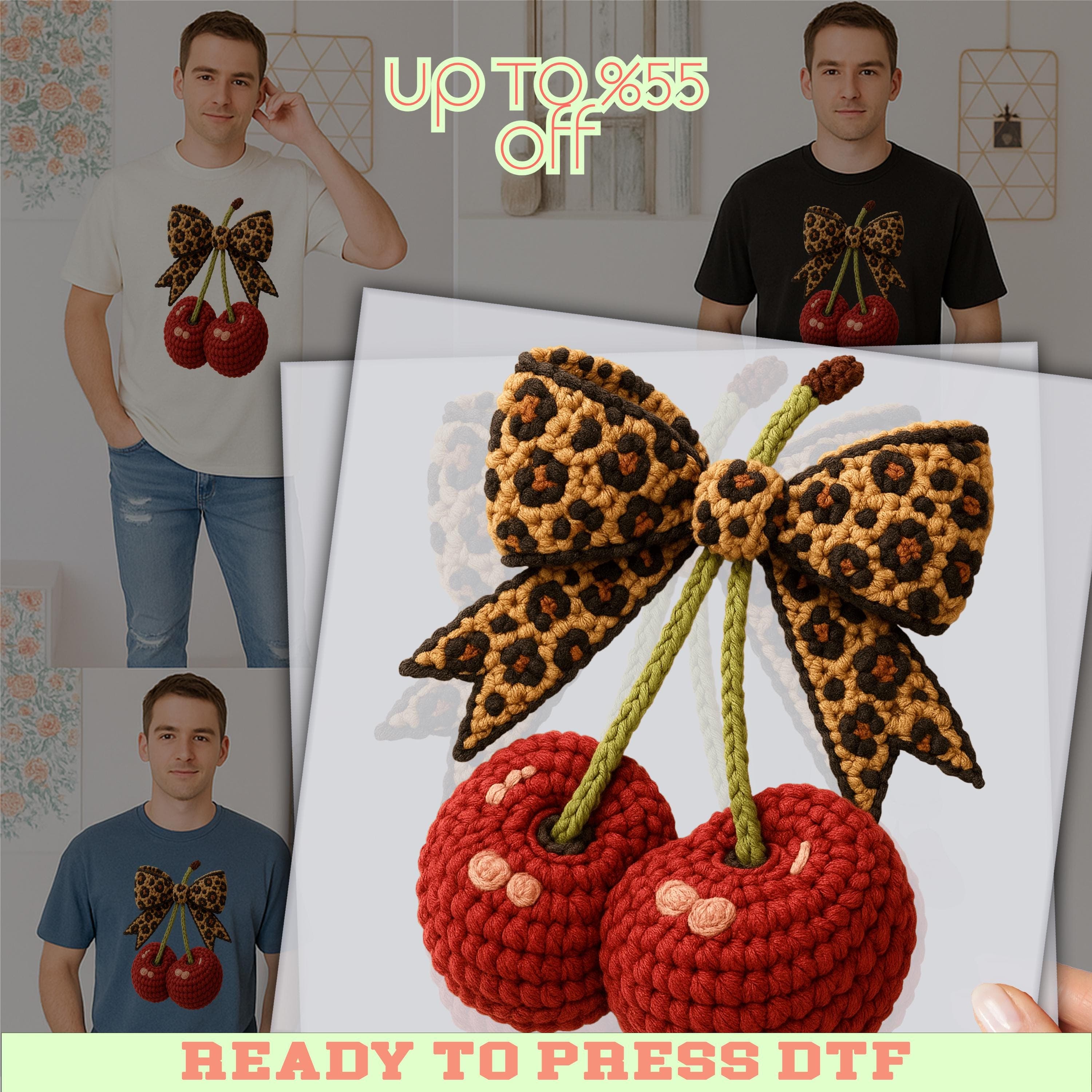 The image is a collage featuring a crocheted cherub with a leopard print bow, along with other images of the same crocheted cherub and a man wearing a t-shirt with a similar design.
