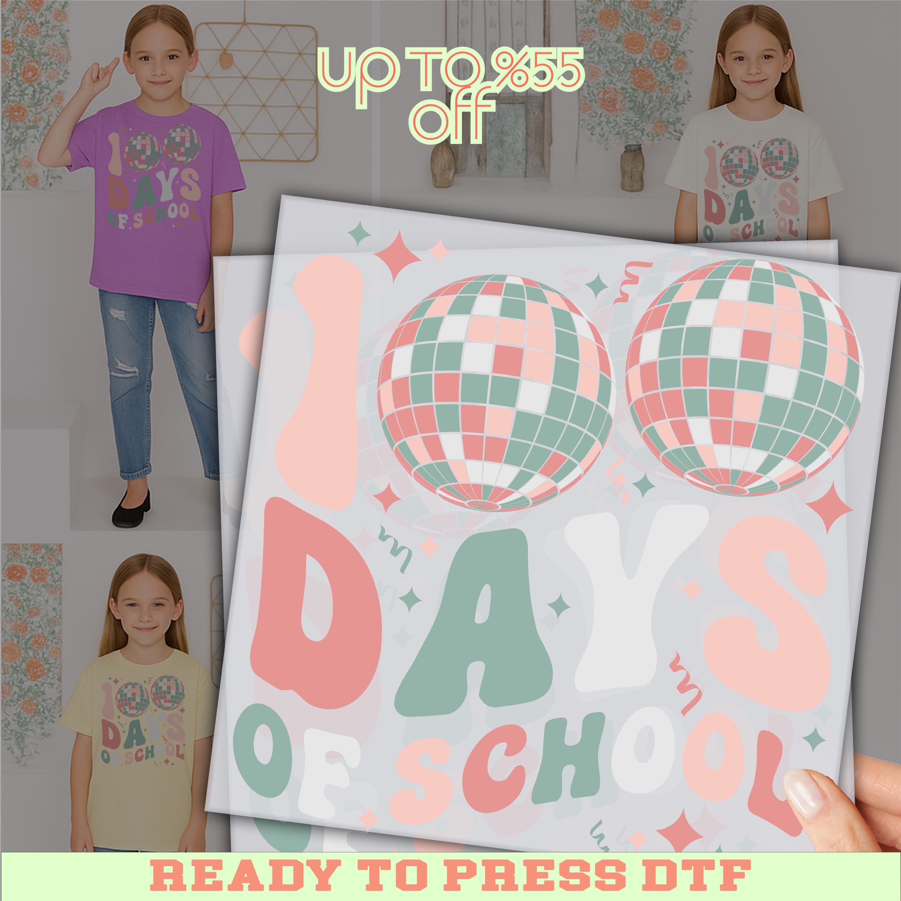 The image is a promotional poster for a sale event, featuring a young girl in a purple shirt and a collage of images of children in various outfits.