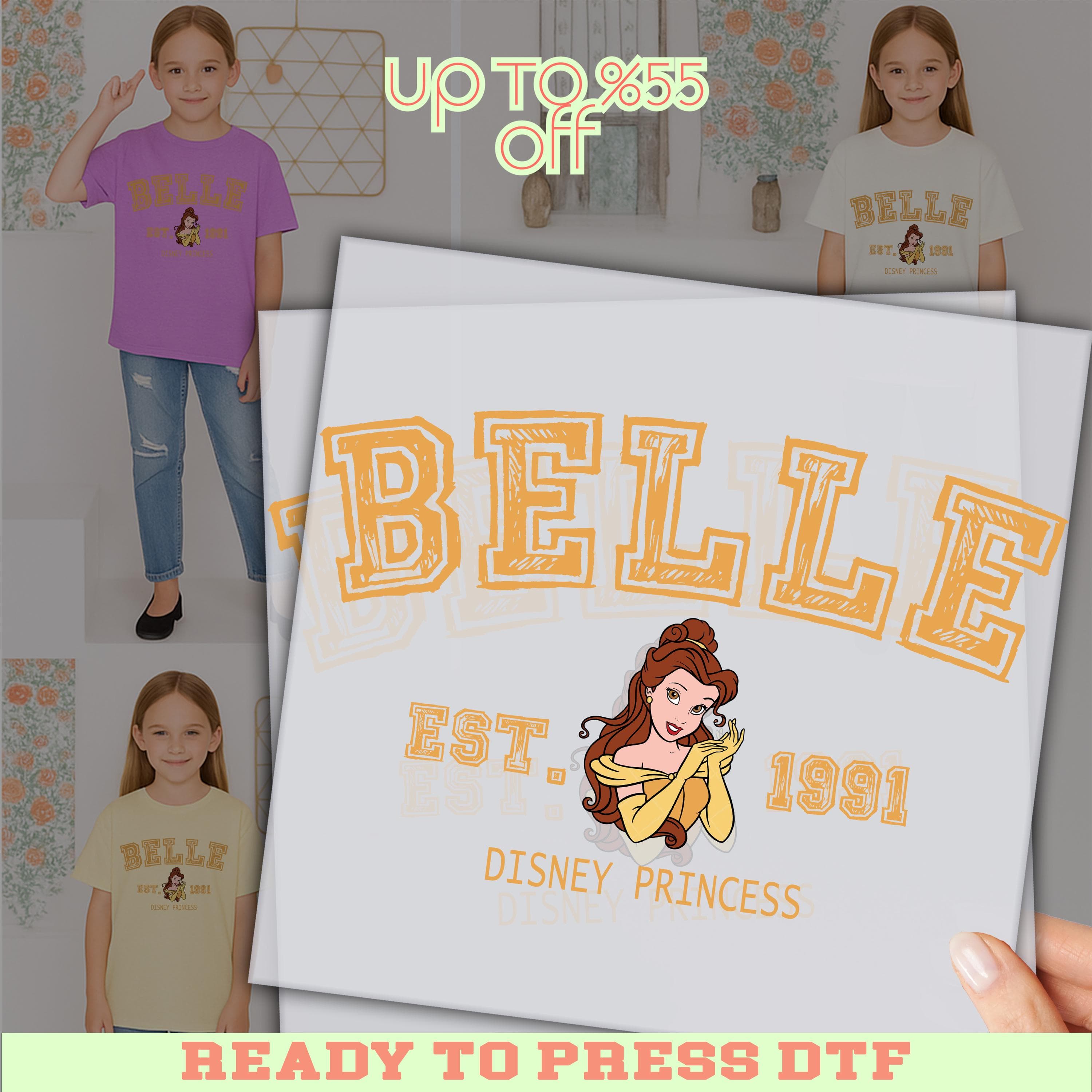The image is an advertisement for Disney Princess Belle, featuring a collage of images of young girls wearing the Disney Princess t-shirt. The text on the image includes "UP TO 8.55% OFF" and "BELLLE EST. 1991 DISNEY PRINCESS".