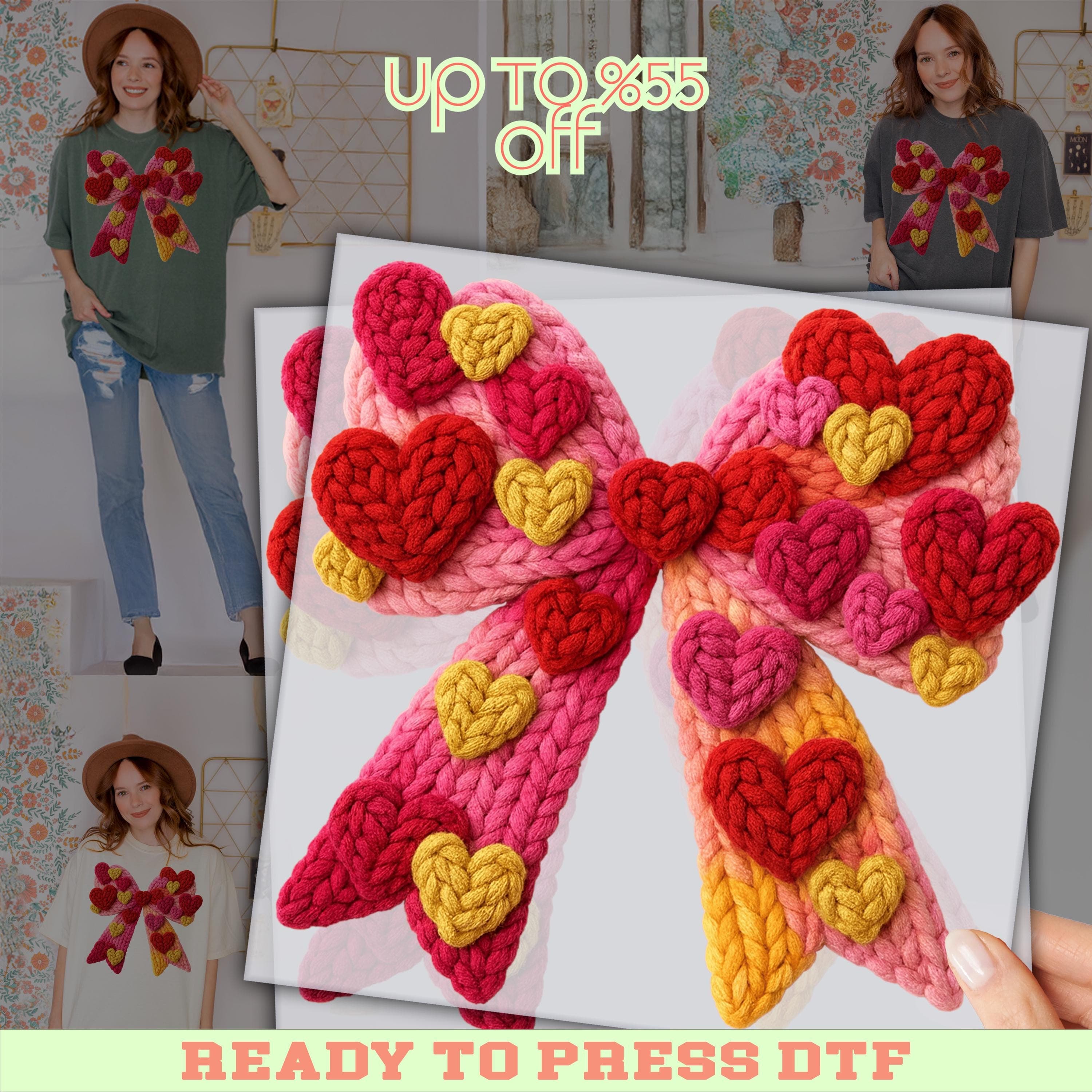 Colorful Bow Faux Yarn DTF Print: Valentines Day Hearty Bow Ready To Press