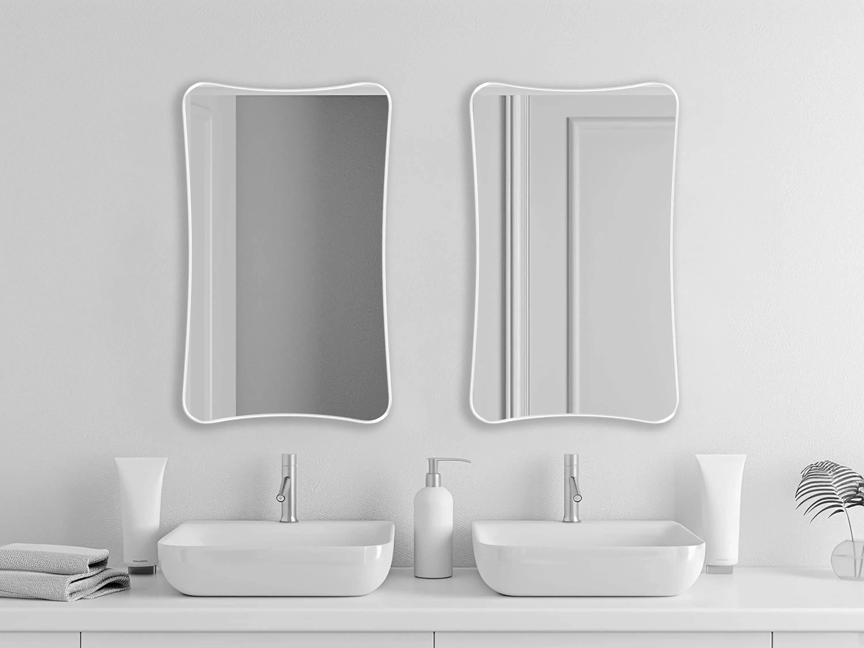 Two Talisman Mirrors with white frame finish hung on the wall of a bathroom over a double vanity.