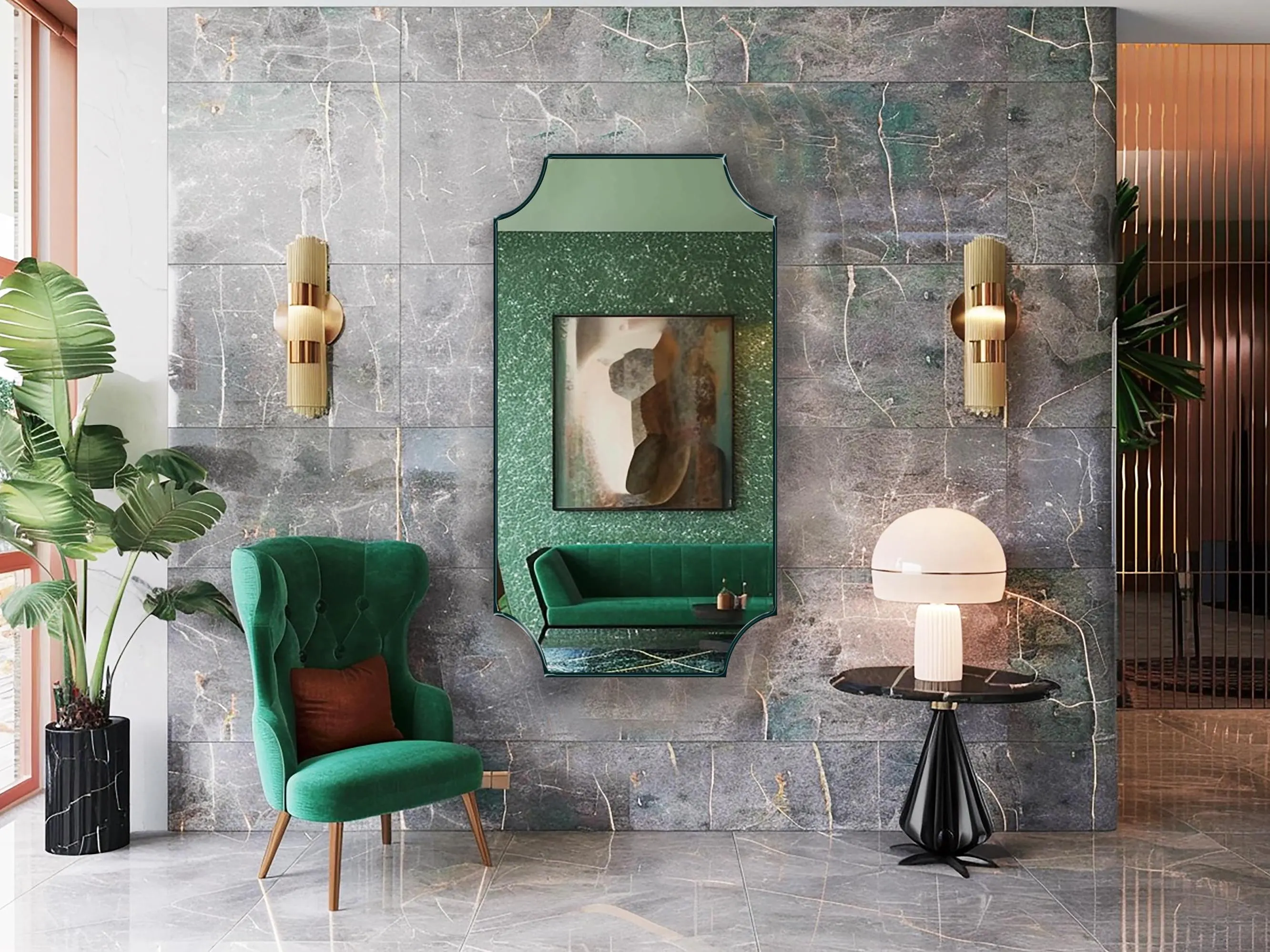 Scalloped Rectangle Mirror with emerald frame hung on the wall of a hotel lobby next to the armchair.