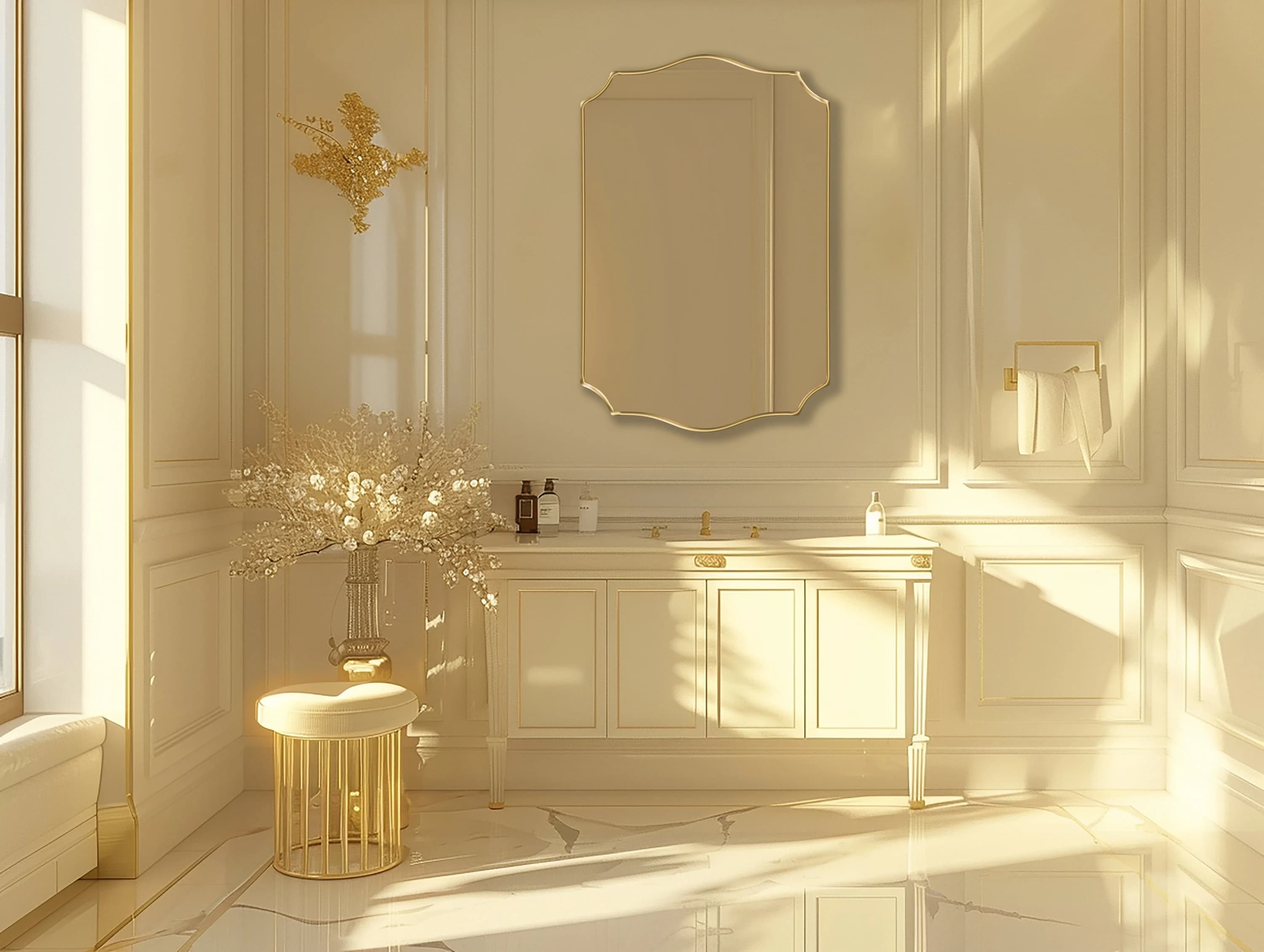 Pacifica Wave Mirror with gold frame hung on the wall of a powder room over a vanity.