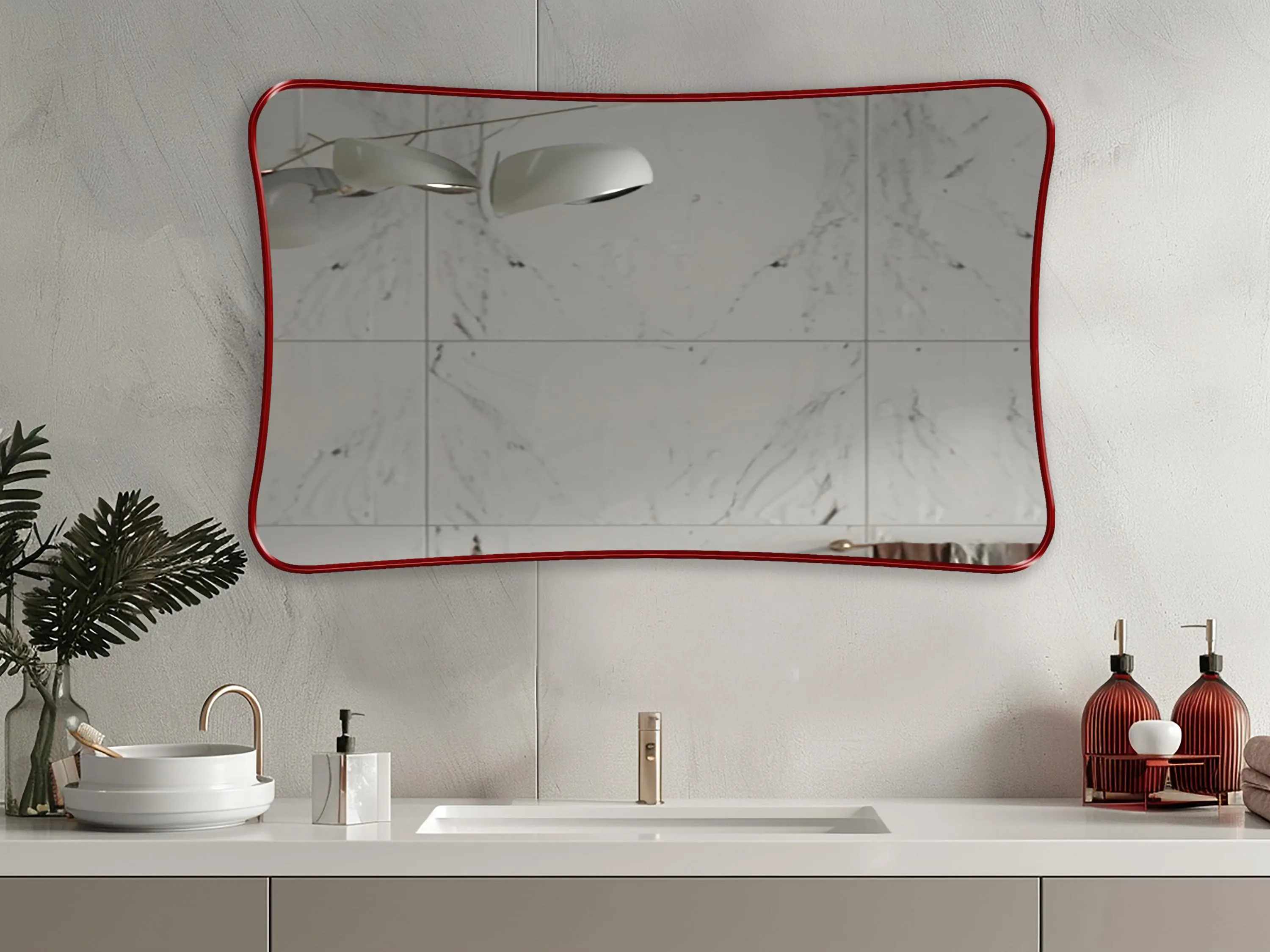 Talisman Mirror with red frame finish hung on the wall of a powder room.