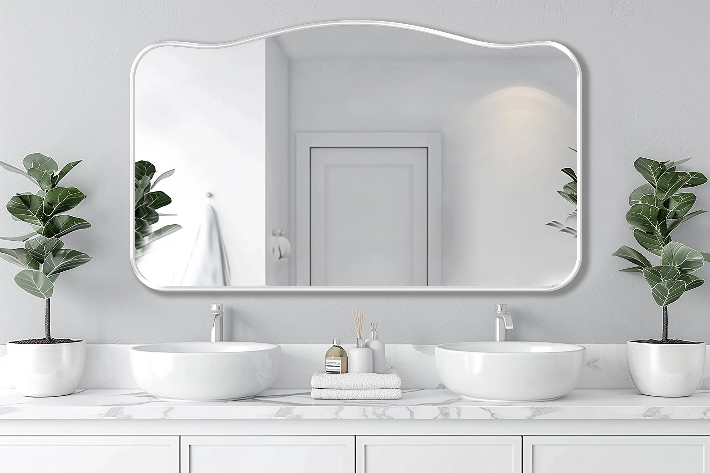 Alpine Mirror with white frame finish hung on the wall of a powder room over a double vanity.