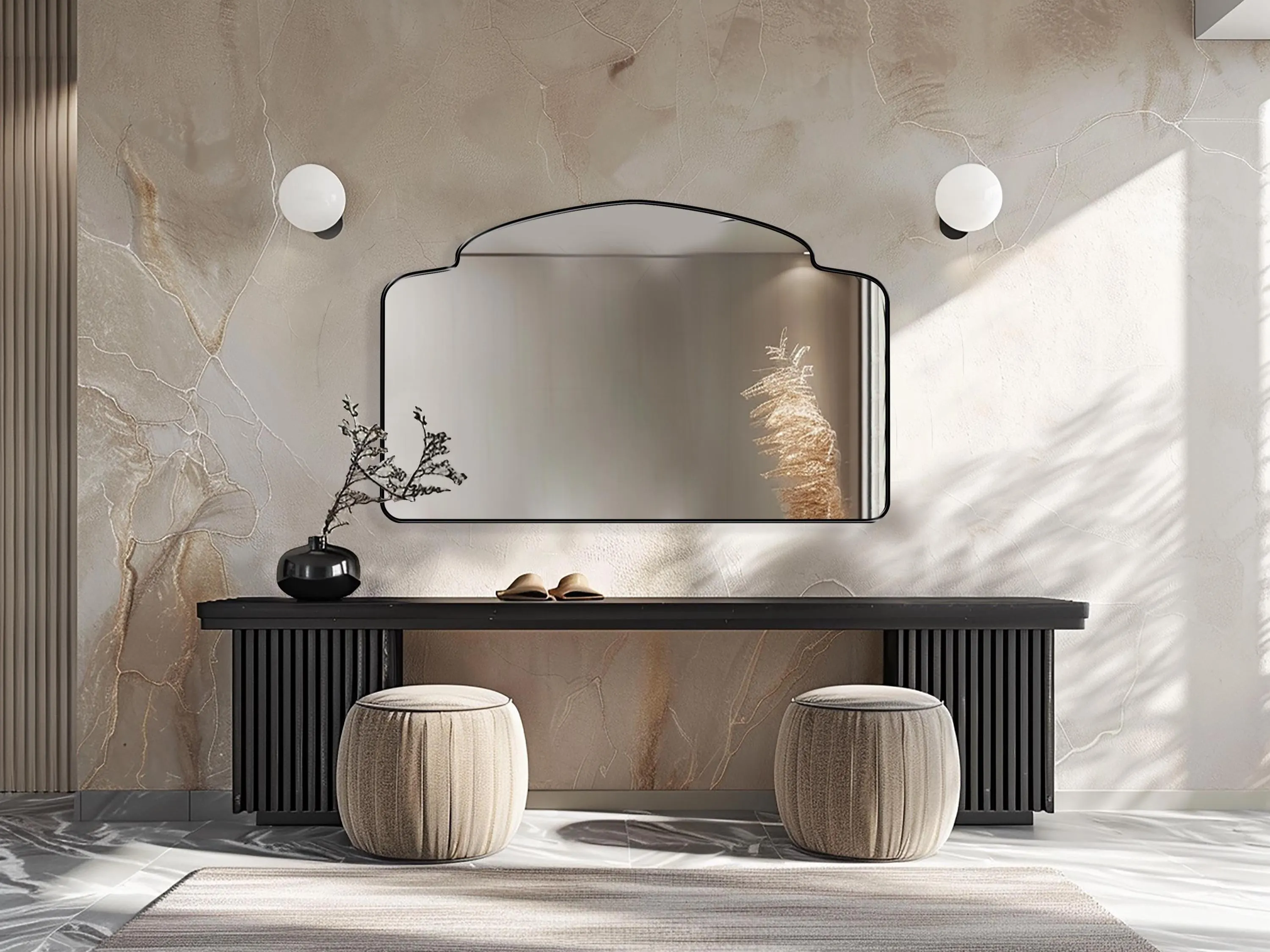 Alhambra Mirror with silver frame finish hung on the wall of an entryway over a console.