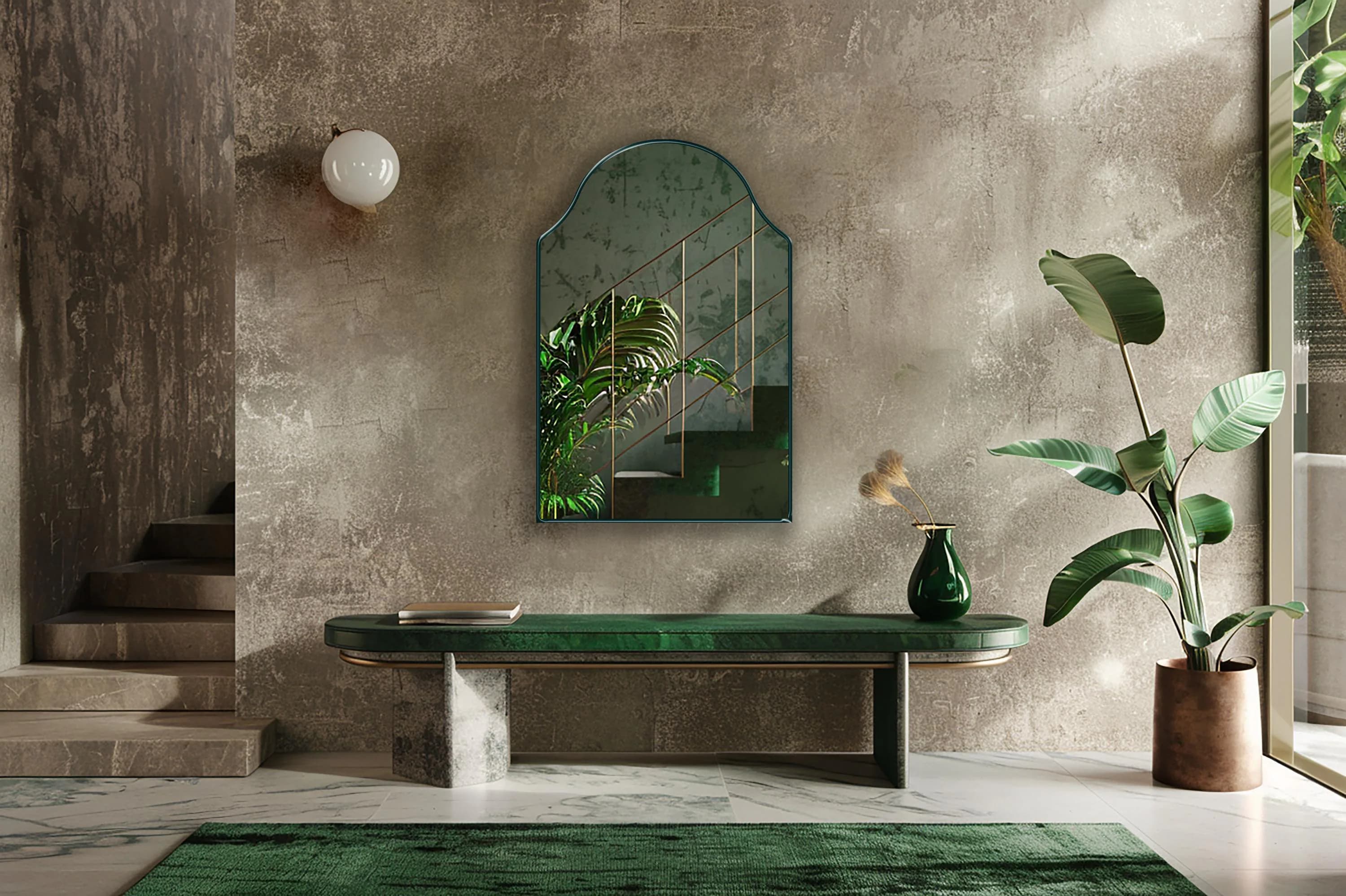 Andalusia Mirror with emerald frame finish hung on the wall of an entryway over a bench.
