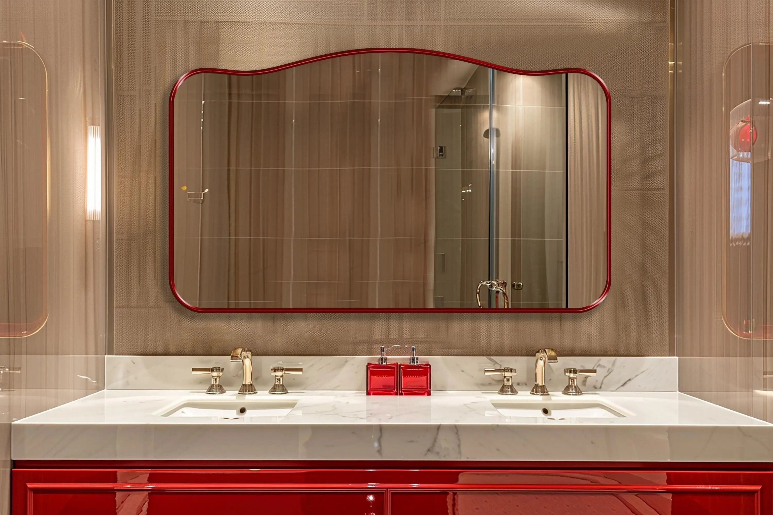Alpine Mirror with red frame finish hung on the wall of a powder room over a double vanity.