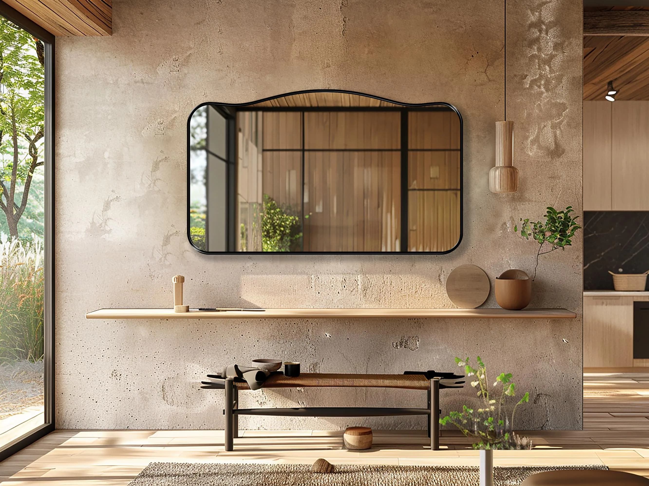 Alpine Mirror with black frame finish hung on the wall of a Bohemian decor living room over a bench.