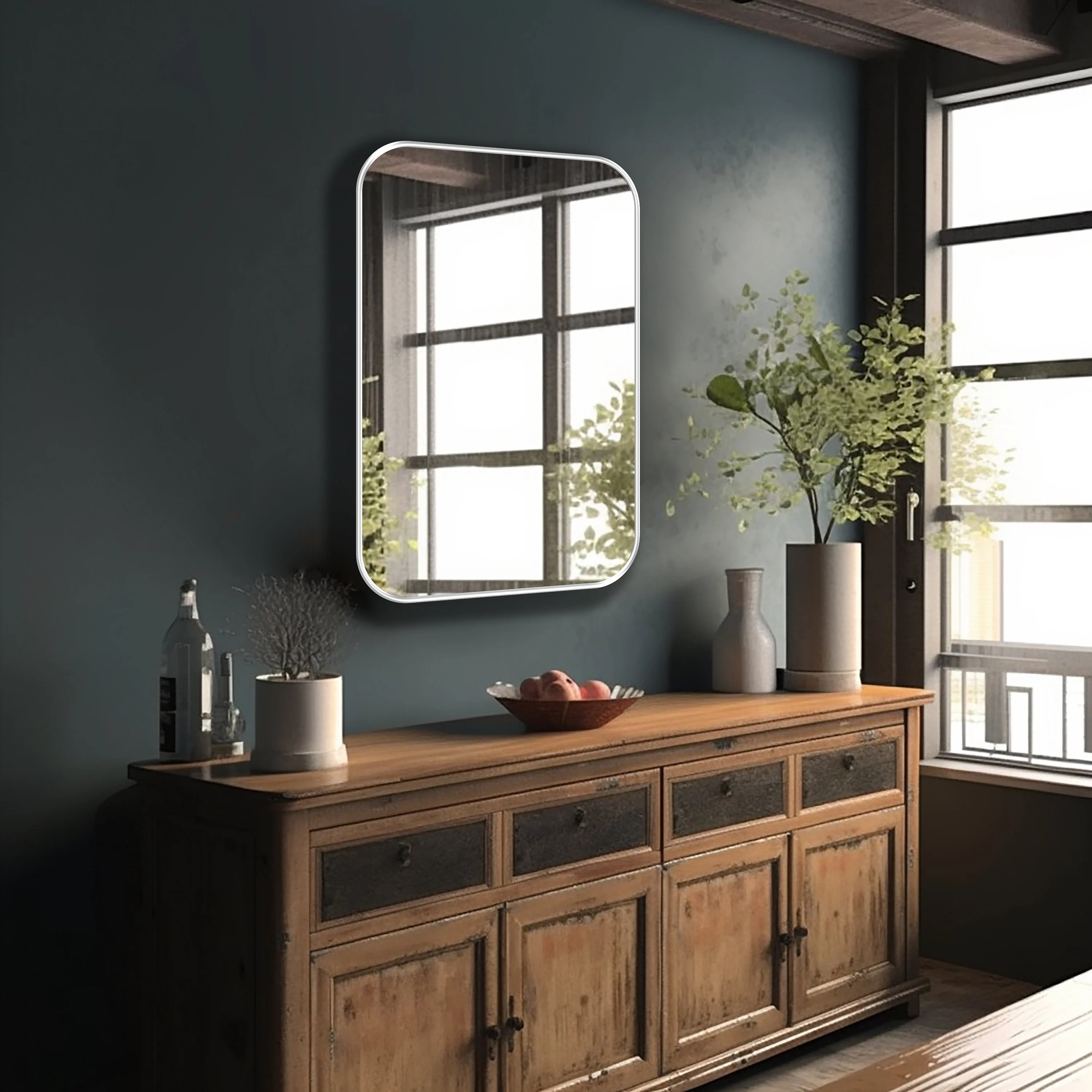 Rectangle mirror with white frame hung on the wall of a living room.