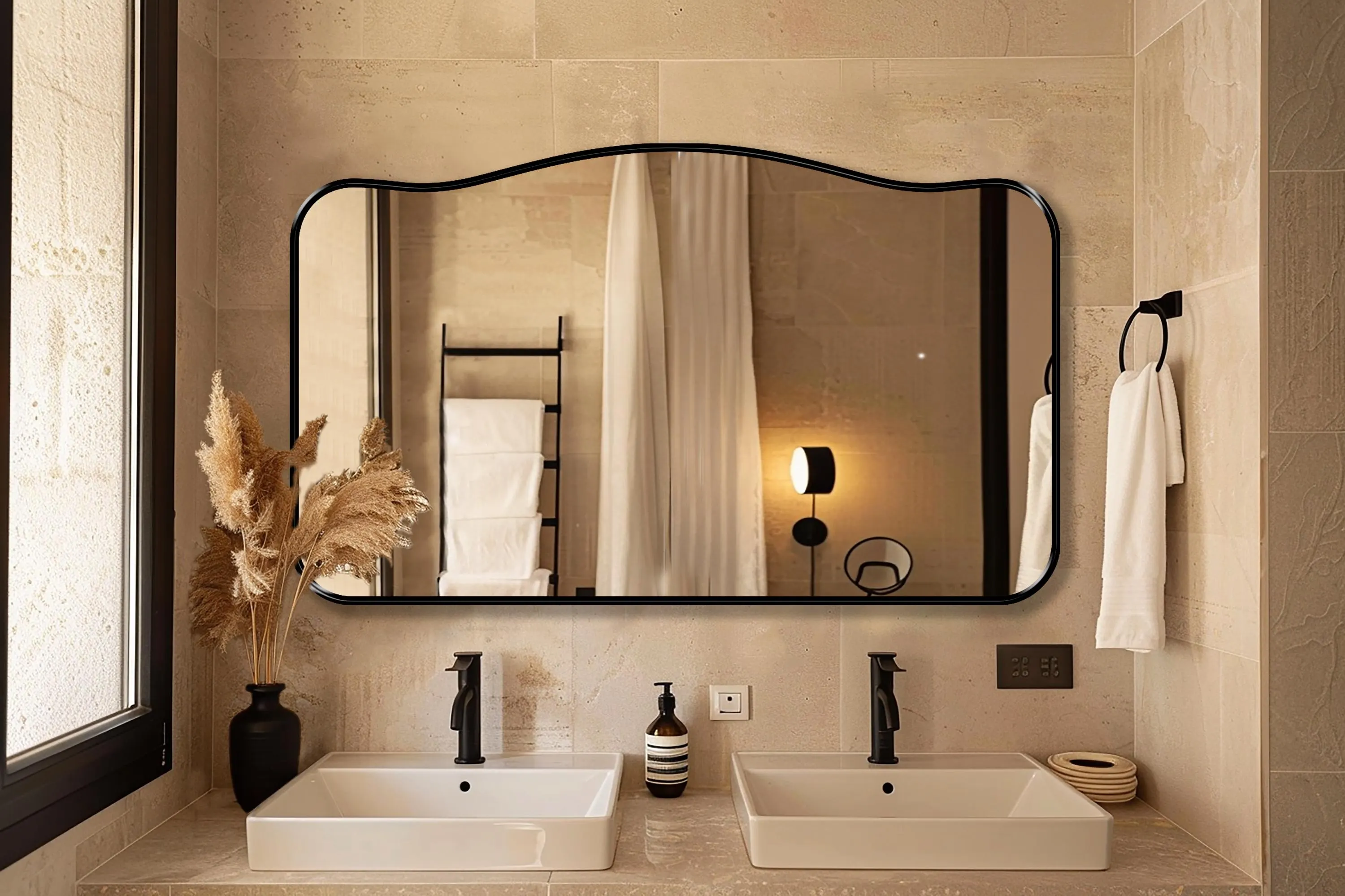 Alpine Mirror with black frame finish hung on the wall of a powder room over a double vanity.