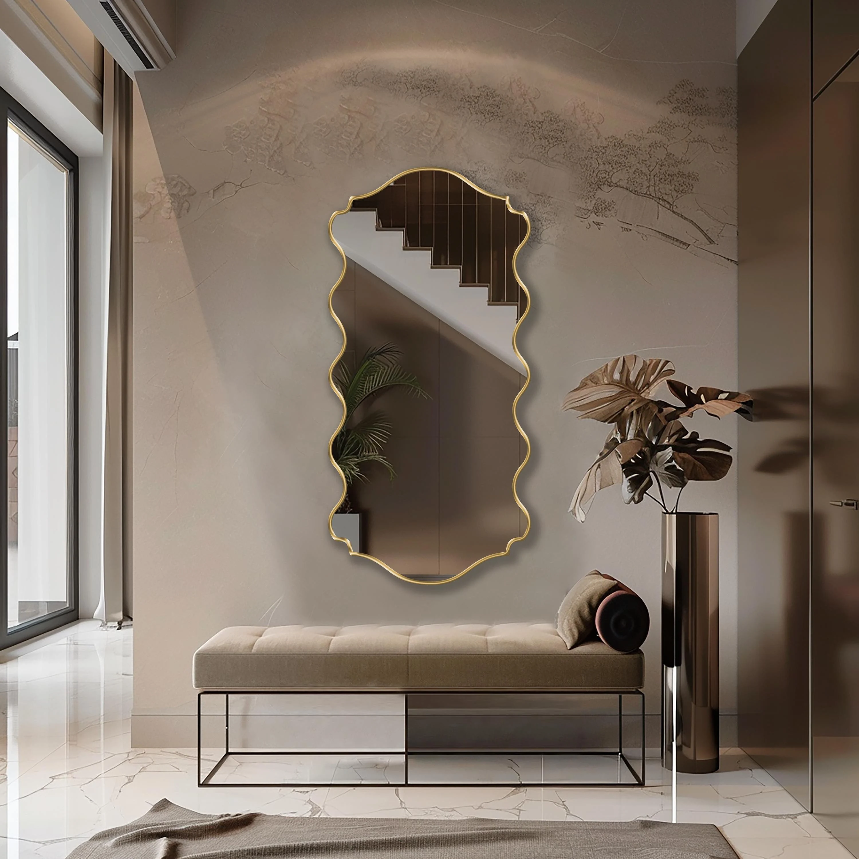 Ribbed Mirror by Asmiro | Stylish Wavy Wall Mirror | Distinctive Design Full Length Mirror | Tall Entryway Mirror | Wiggle Mirror Home Decor
