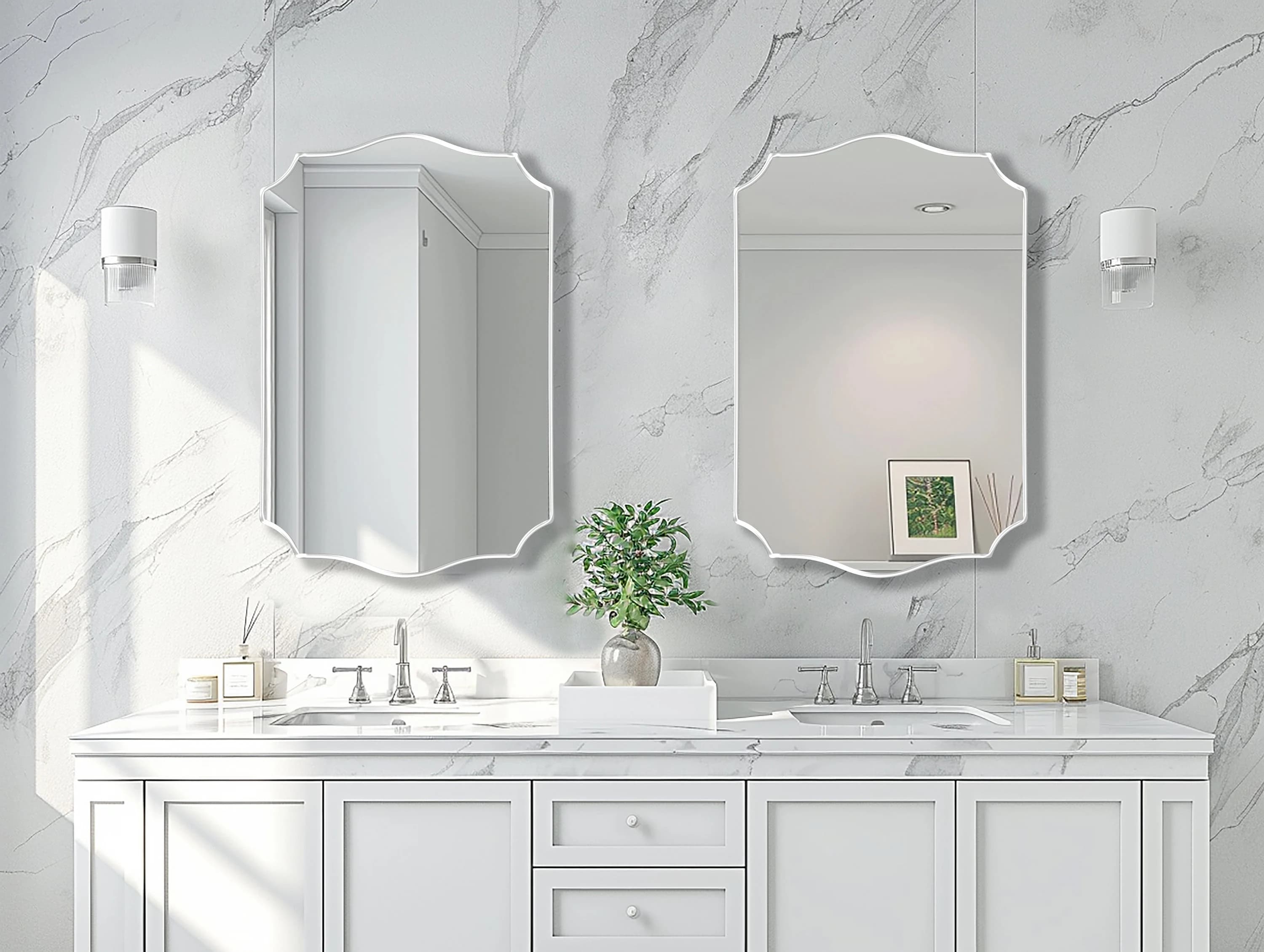 Two Pacifica Wave Mirrors with white frame hung on the wall of a bathroom over a double vanity.