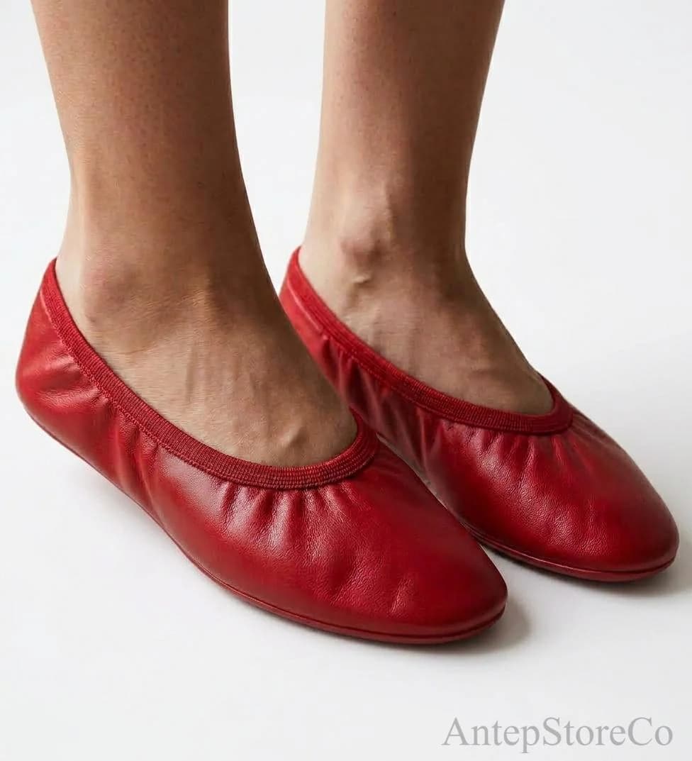 Red Handmade Georgian Leather Dance Shoes, Folk Ballet Flats, Hand-Stitched Slippers (EU 24-44) - image 5