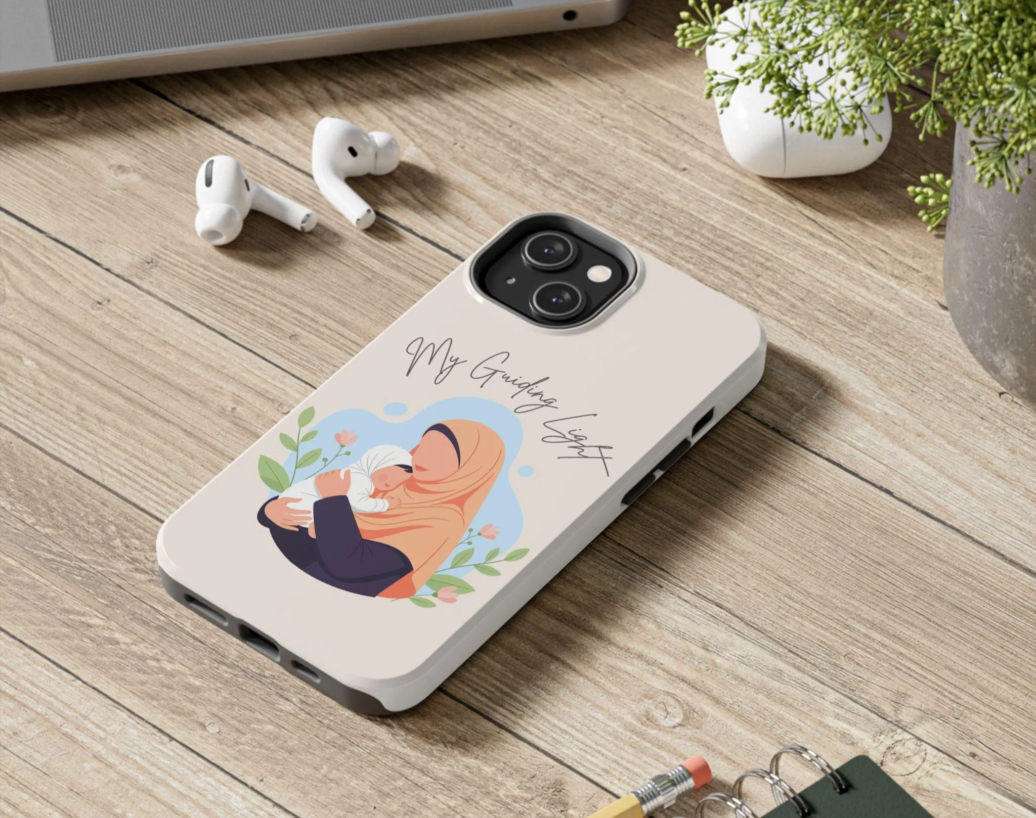 Hijabi Mom & Baby Phone Case, My Guiding Light, Warm Cream Phone Cover, Muslim Mother Gift, Islamic Family Art - image 3