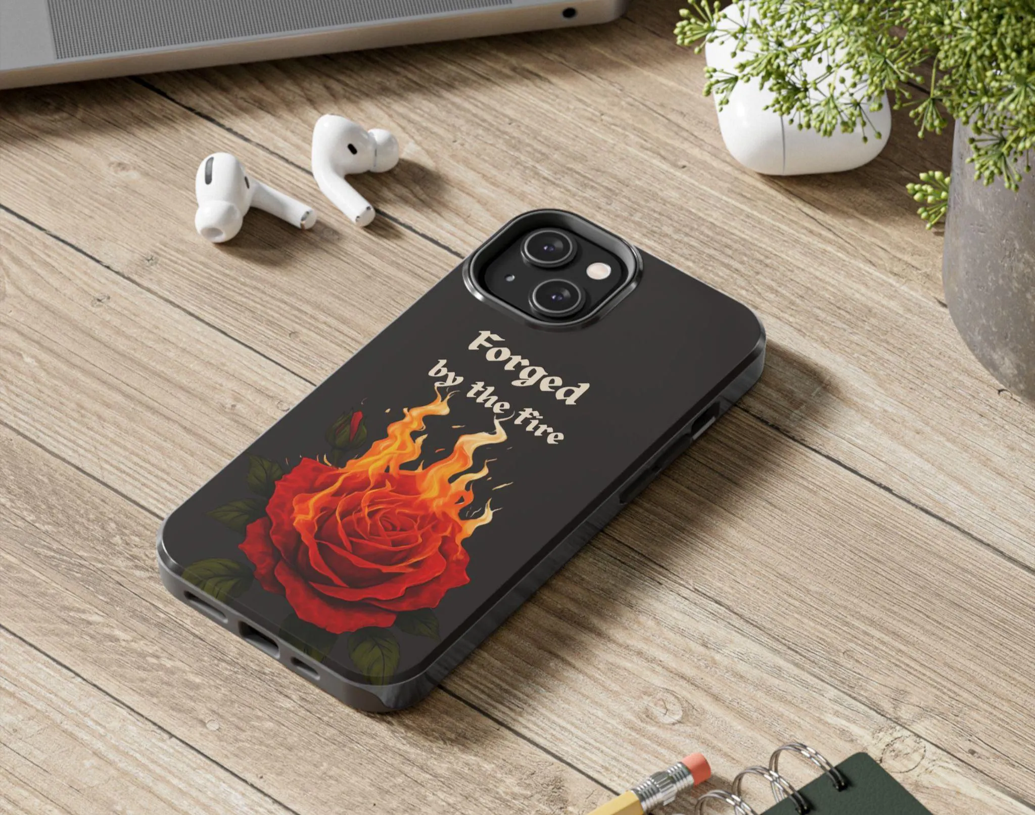 Burning Rose Phone Case, Forged by the Fire, Ash Grey Aesthetic Cover, Gothic Floral Phone Case, Resilience Quote - image 4