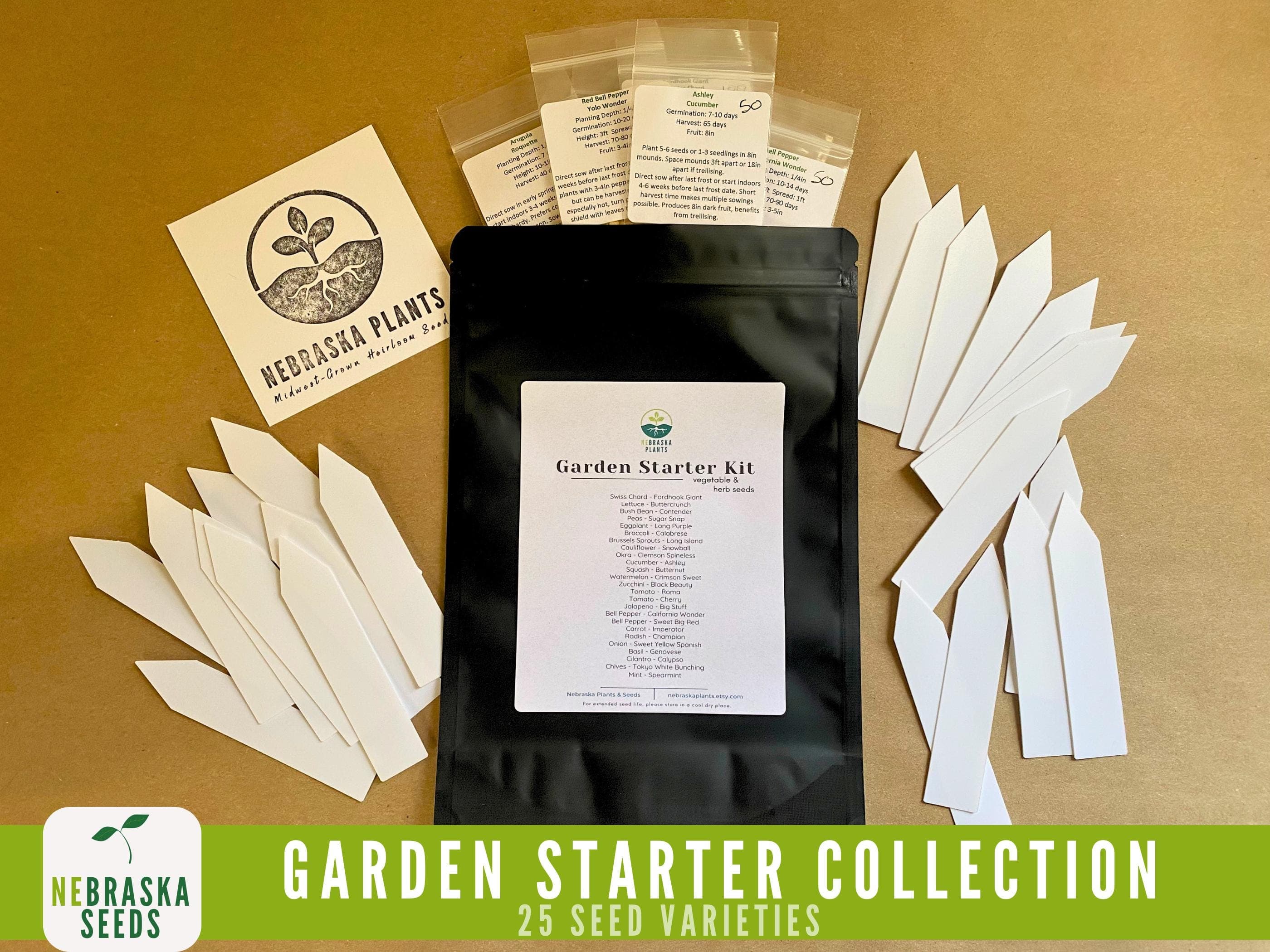 Assortment of heirloom seeds for beginner gardeners in labeled packets