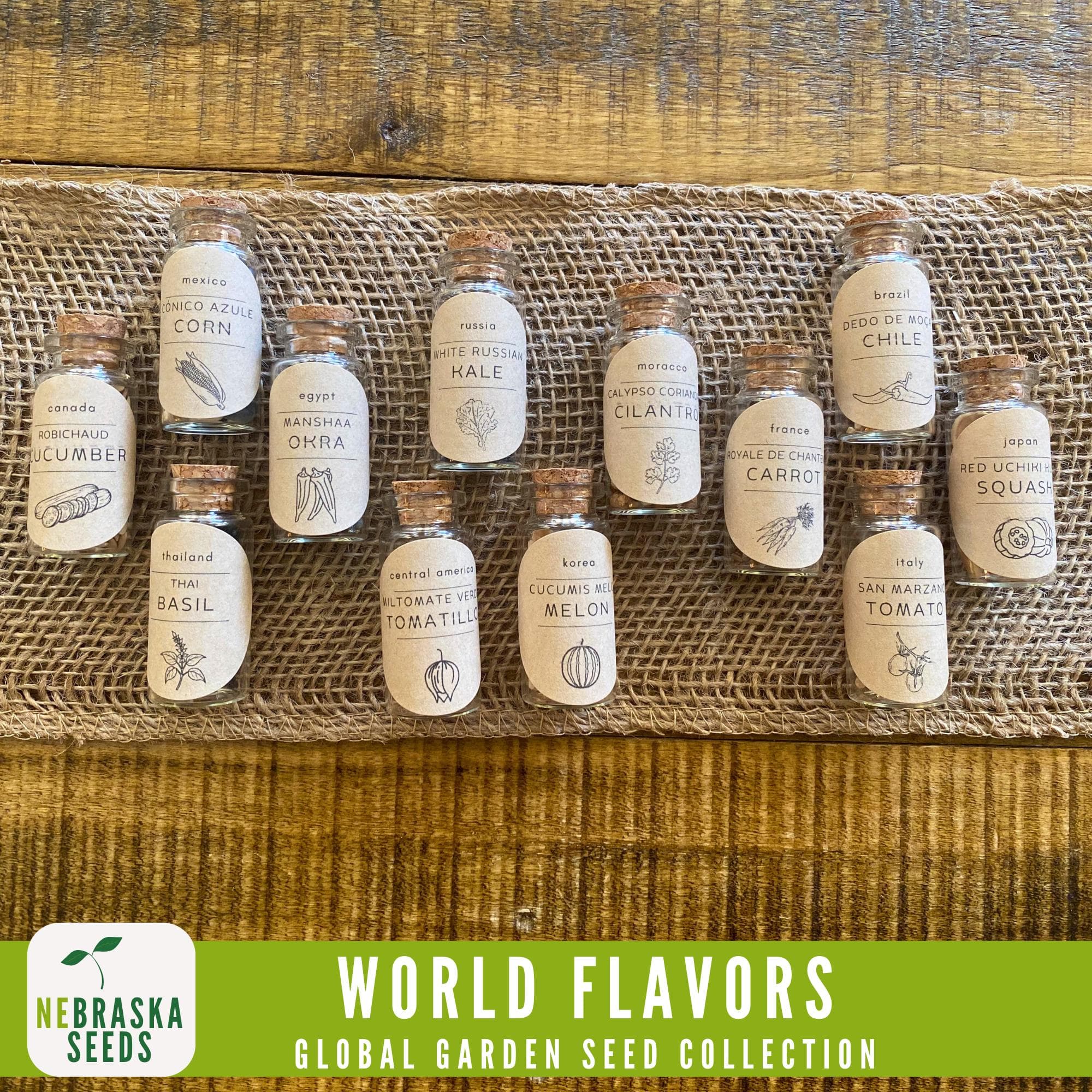 Close-up of rare seed varieties from Asia, Europe, and the Americas arranged on a wooden table
