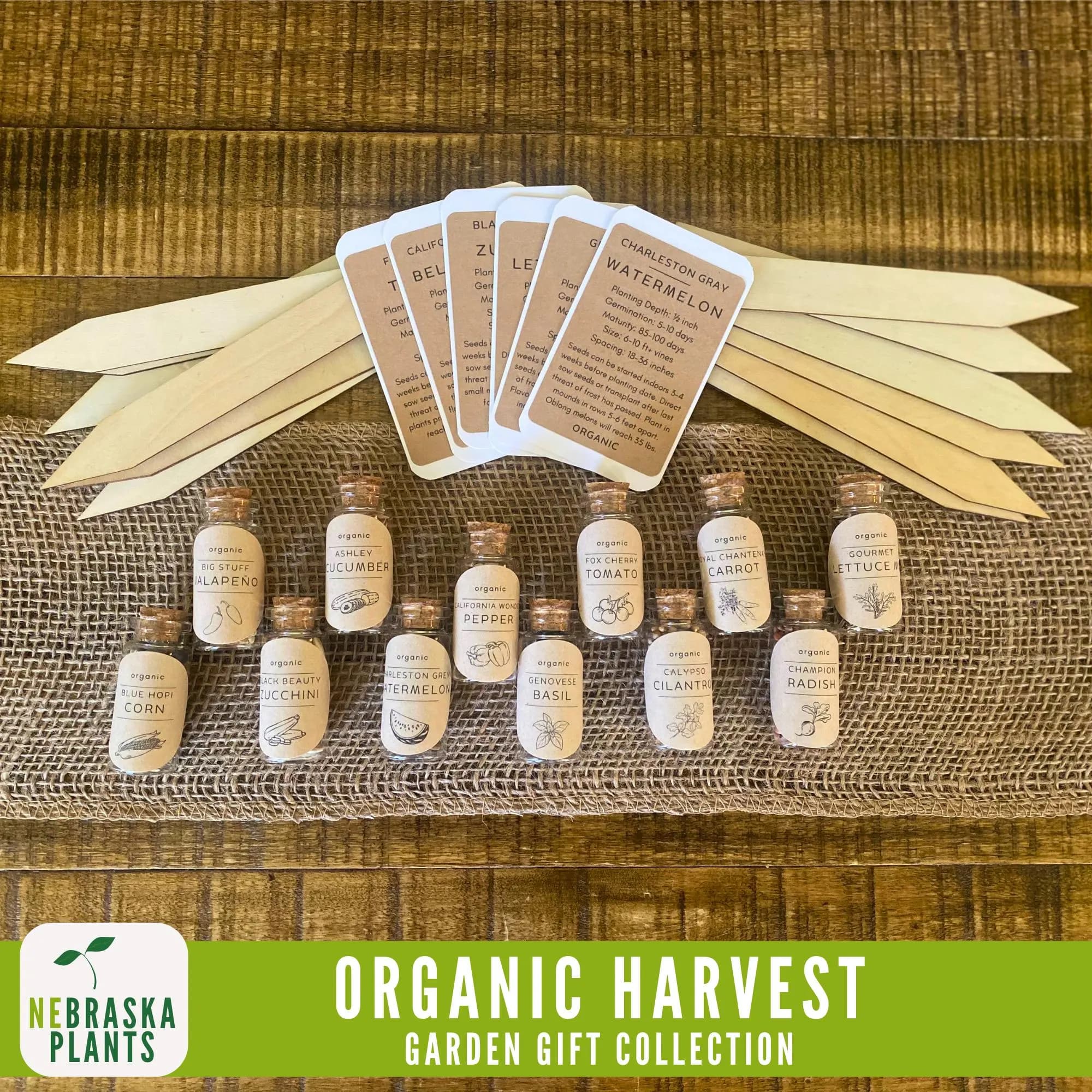 Heirloom tomato, basil, and lettuce seeds displayed for organic gardening gift set