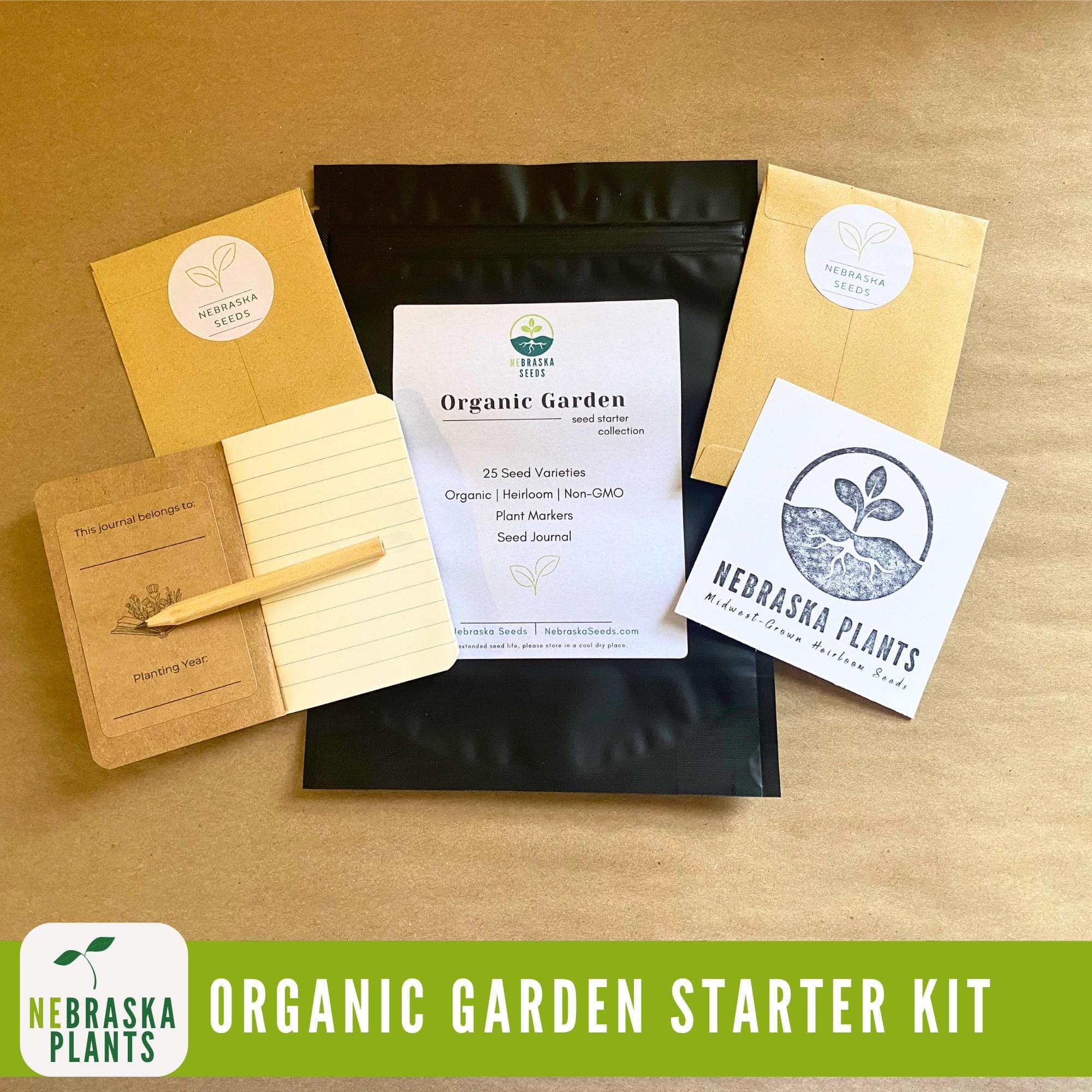 25 varieties of organic heirloom non-gmo seeds in reusable packaging.