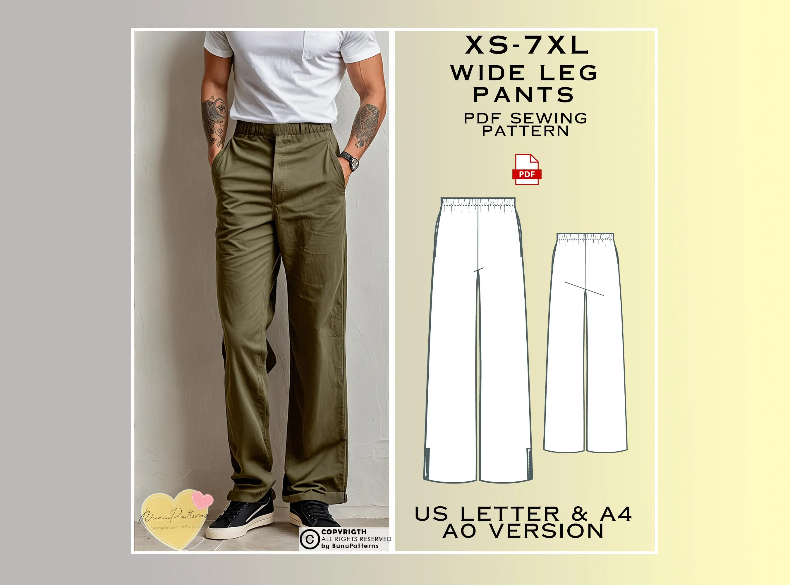 Men's Wide Leg Palazzo Pants Sewing Pattern: Plus Size XS-7XL (PDF Pattern)