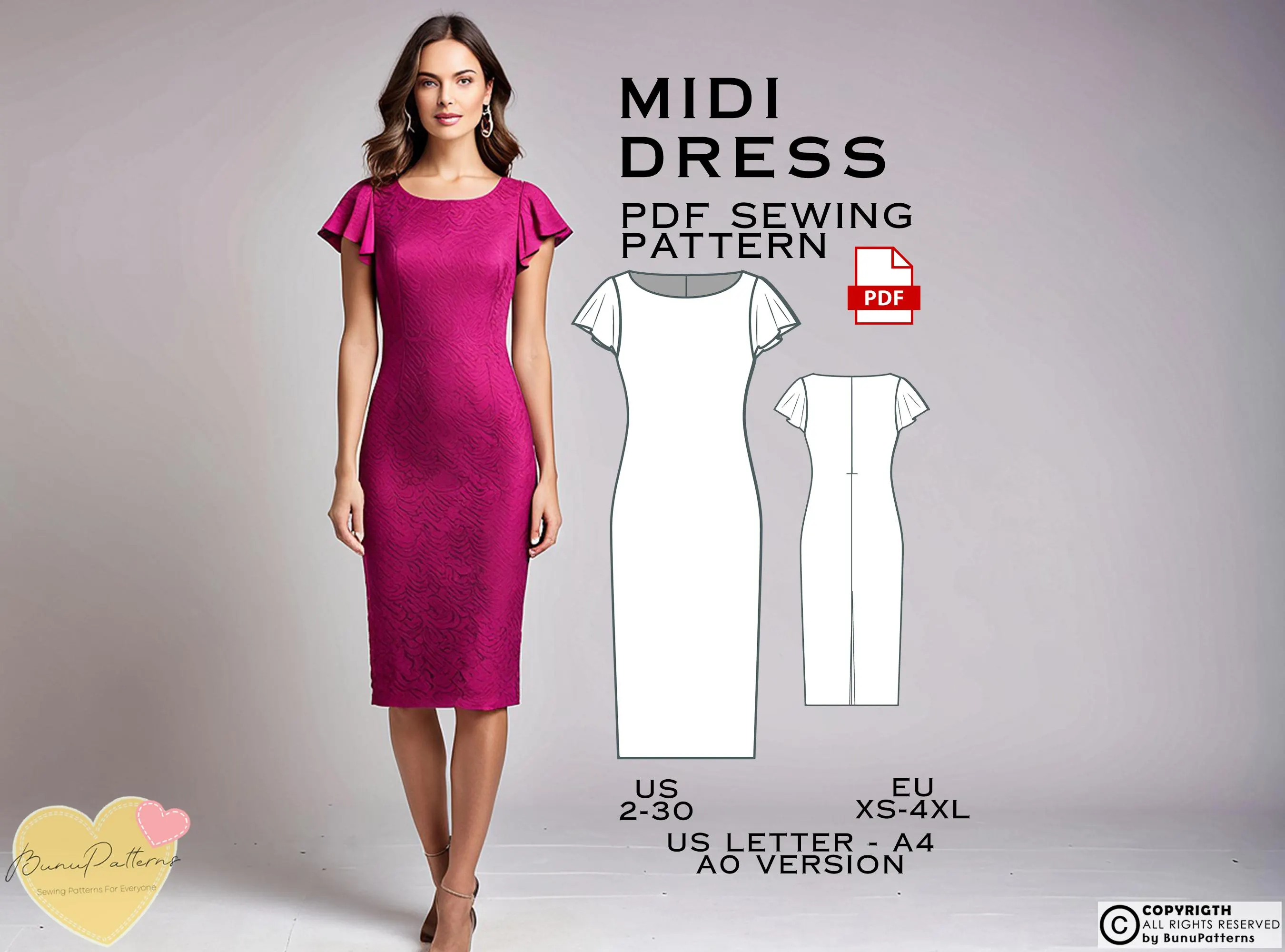 Pencil Midi Dress Sewing Pattern: Women's Sizes 2-30 (PDF)