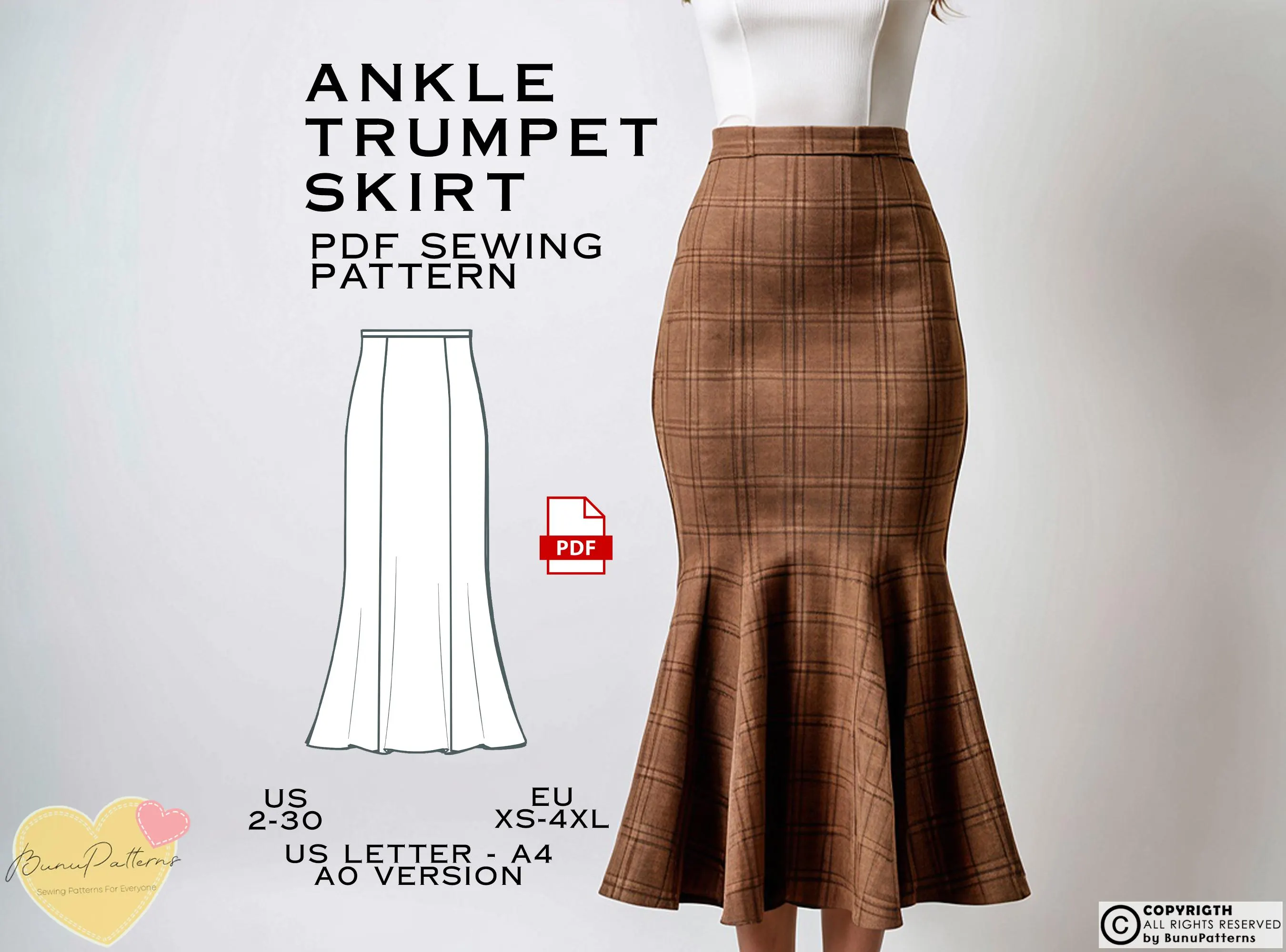 Ankle Trumpet Skirt Sewing Pattern: Ladies Sizes 2-30 (PDF Pattern)