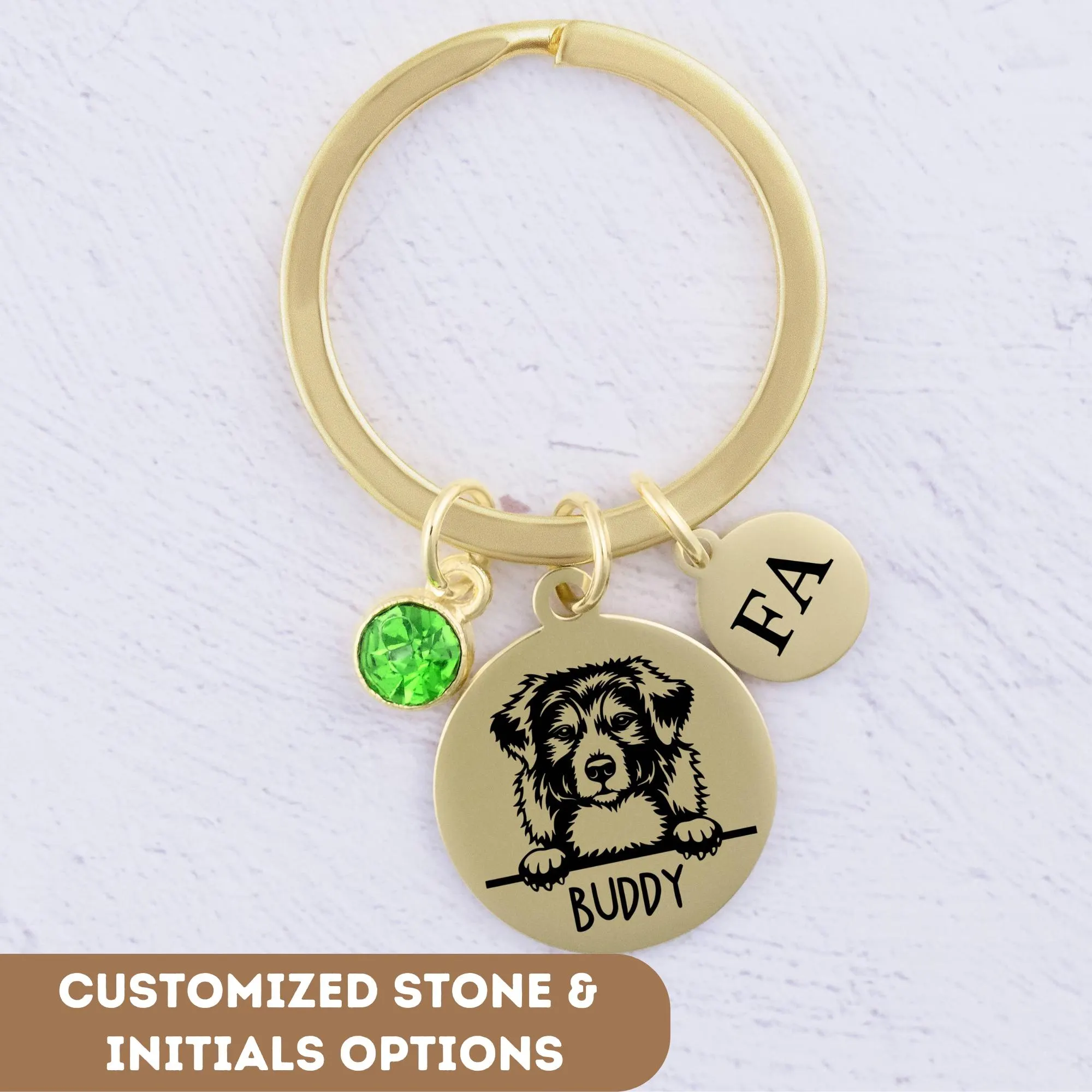 Personalized Dog Keychain: Custom Pet Name, Birthstone & Initials