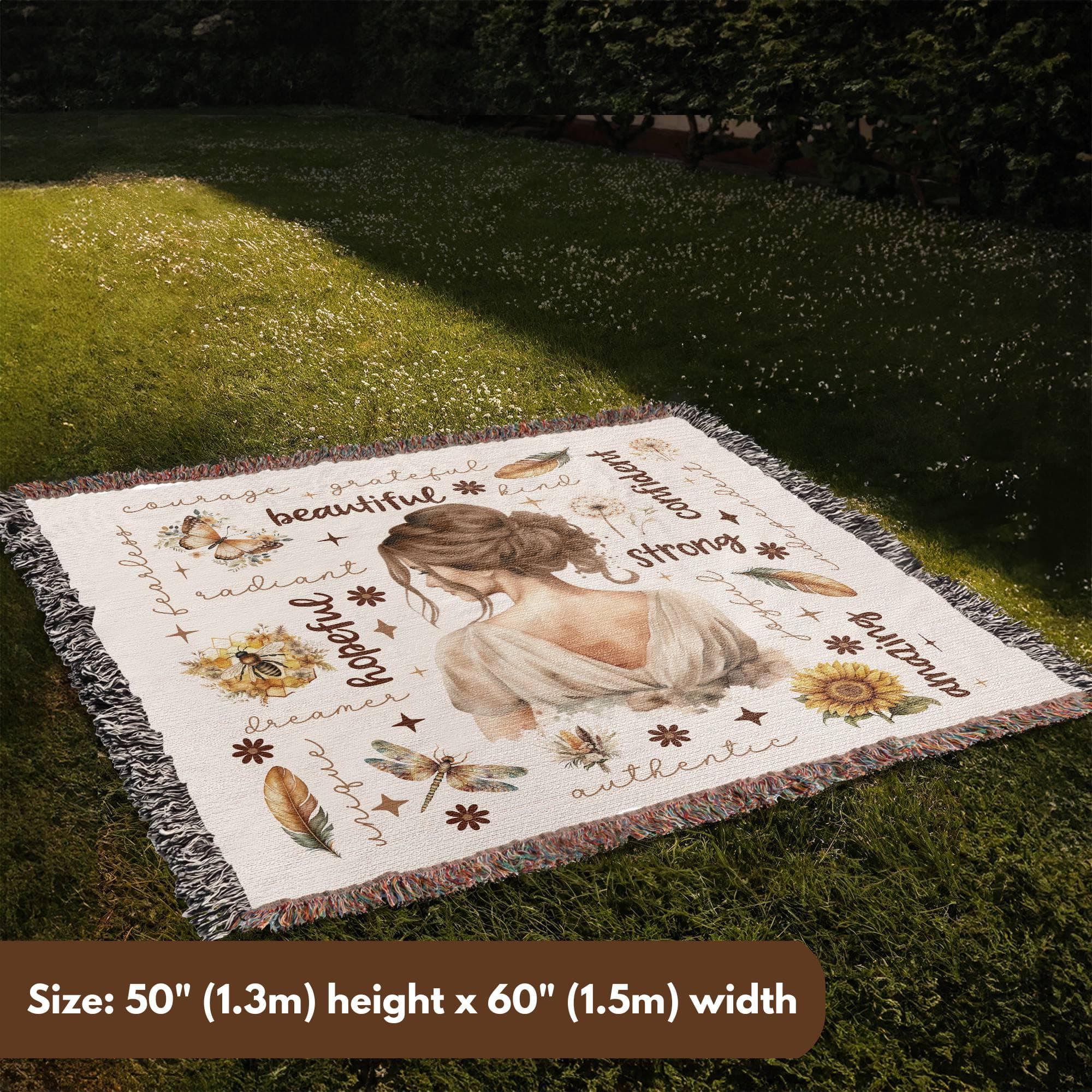 a picture of a woman on a blanket in the grass