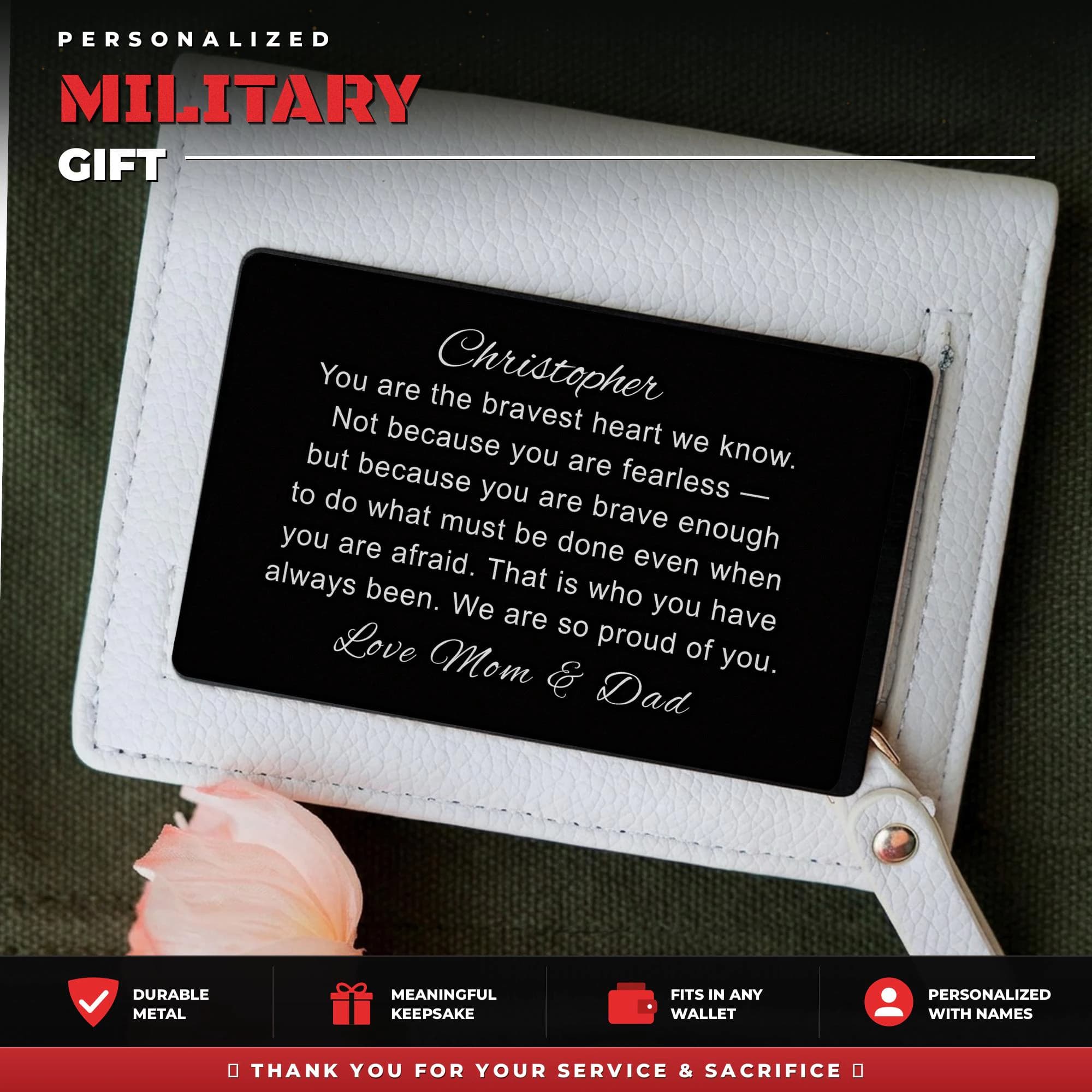 Personalized Military Going Away Gift Soldier Metal Wallet Card Deployment Encouragement Army Navy Graduation Insert Metal Inspirational