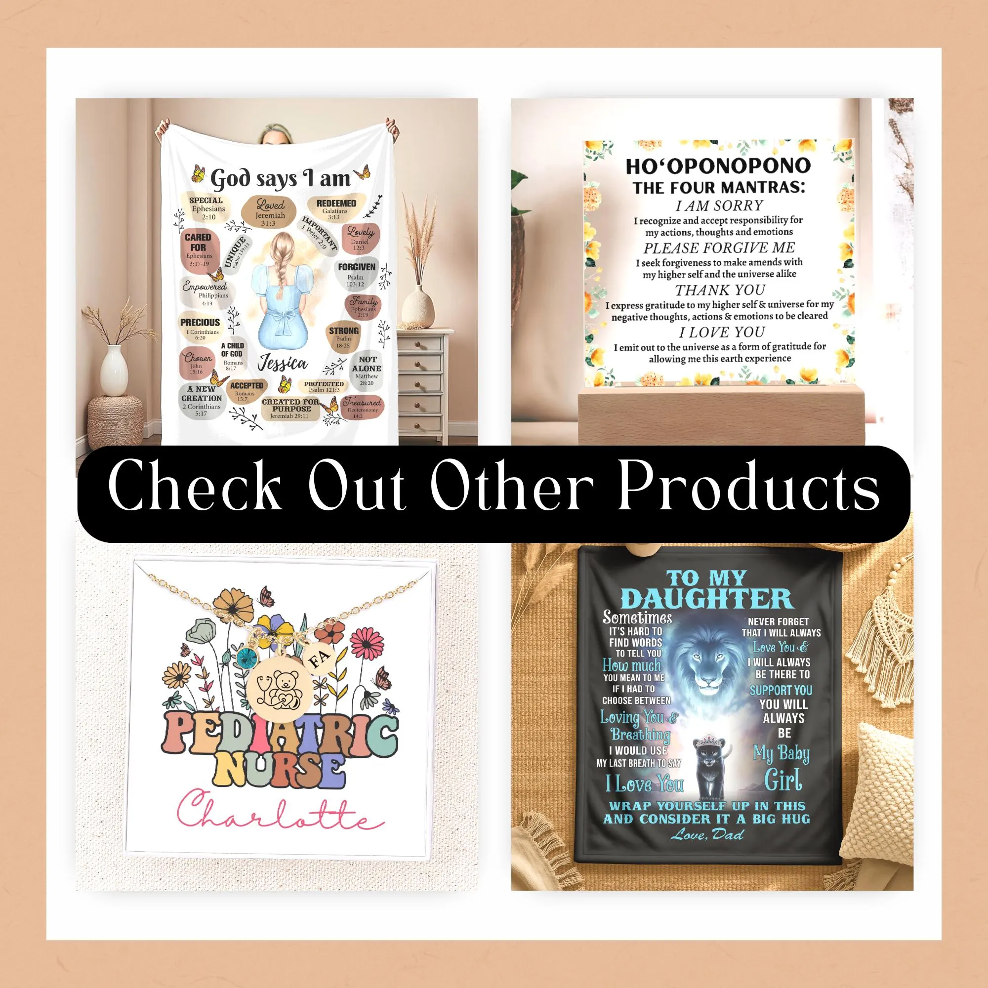four different products, including a poster, a necklace, a poster, and a poster. The products are arranged in a grid format, with the title "Check Out Other Products" displayed at the top.