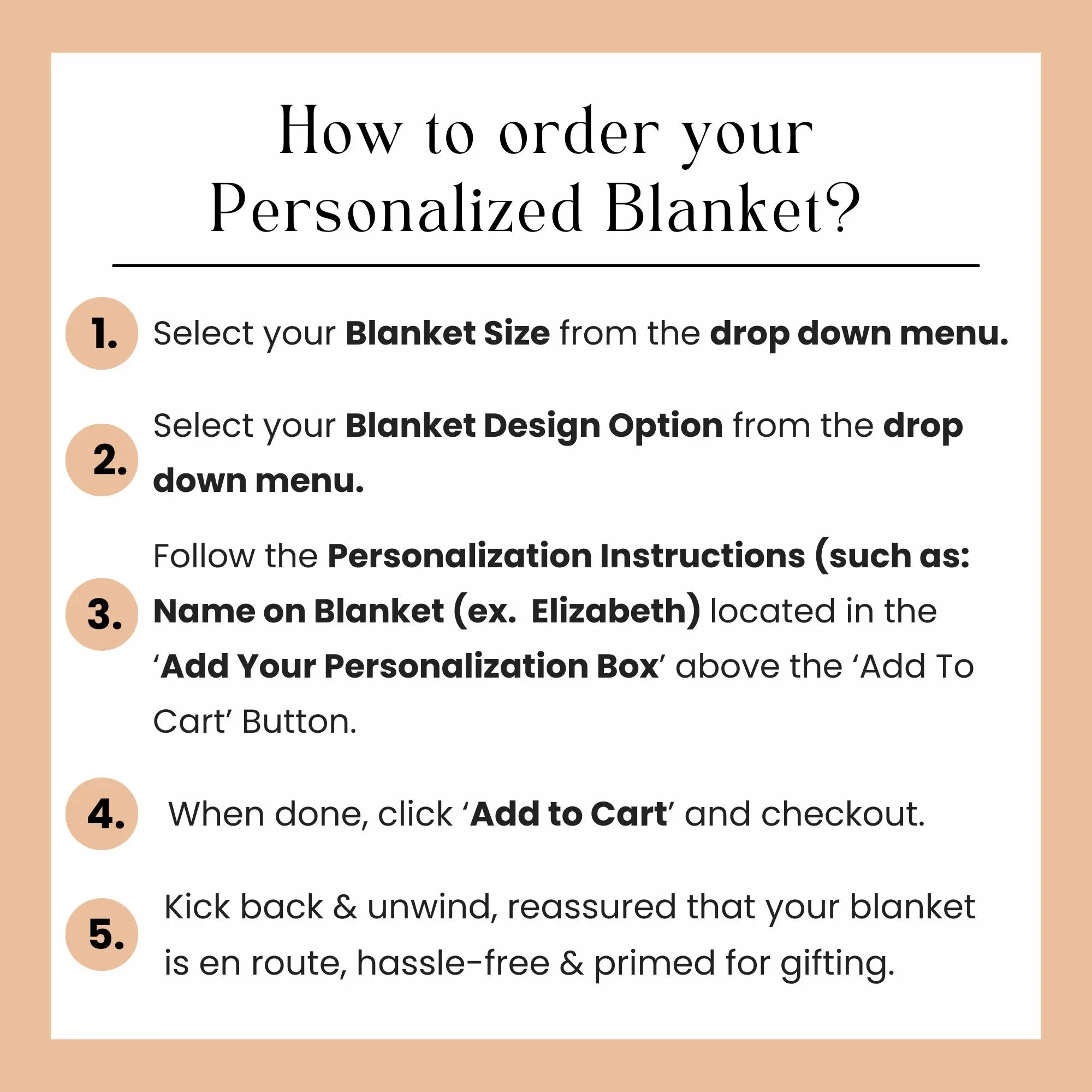 The image is a step-by-step guide on how to order a personalized blanket. It provides instructions on selecting the size and design option, following the personalized instructions, adding the blanket to the checkout, and ensuring a hassle-free and timely delivery.
