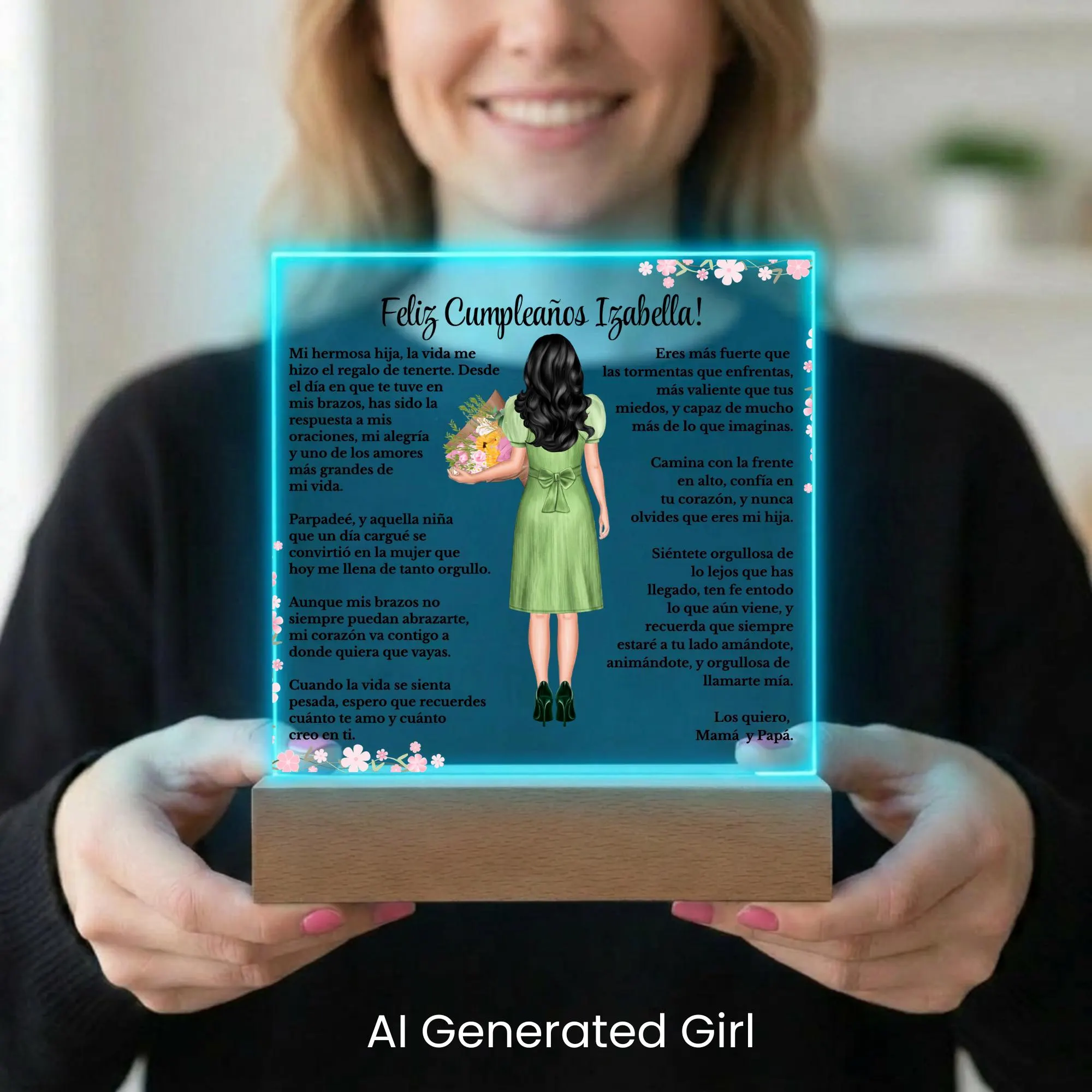 May include: A personalized acrylic LED night light illuminated with a soft blue glow on a wooden light base. The custom plaque features a heartfelt birthday message, a floral border, and an illustrated girl in a green dress holding a bouquet. A person is shown holding the lit plaque to demonstrate the illuminated display.