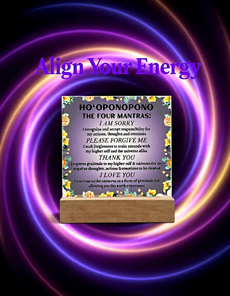 ho'oponopono prayer glowstone plaque with night lamp hawaiian self care gift self love mindfulness inspiration motivation — natural stone plaque carved with the prayer and mounted to a low‑profile lamp base that illuminates the carved lines from below, offering tactile earthiness and warm nighttime ambiance.