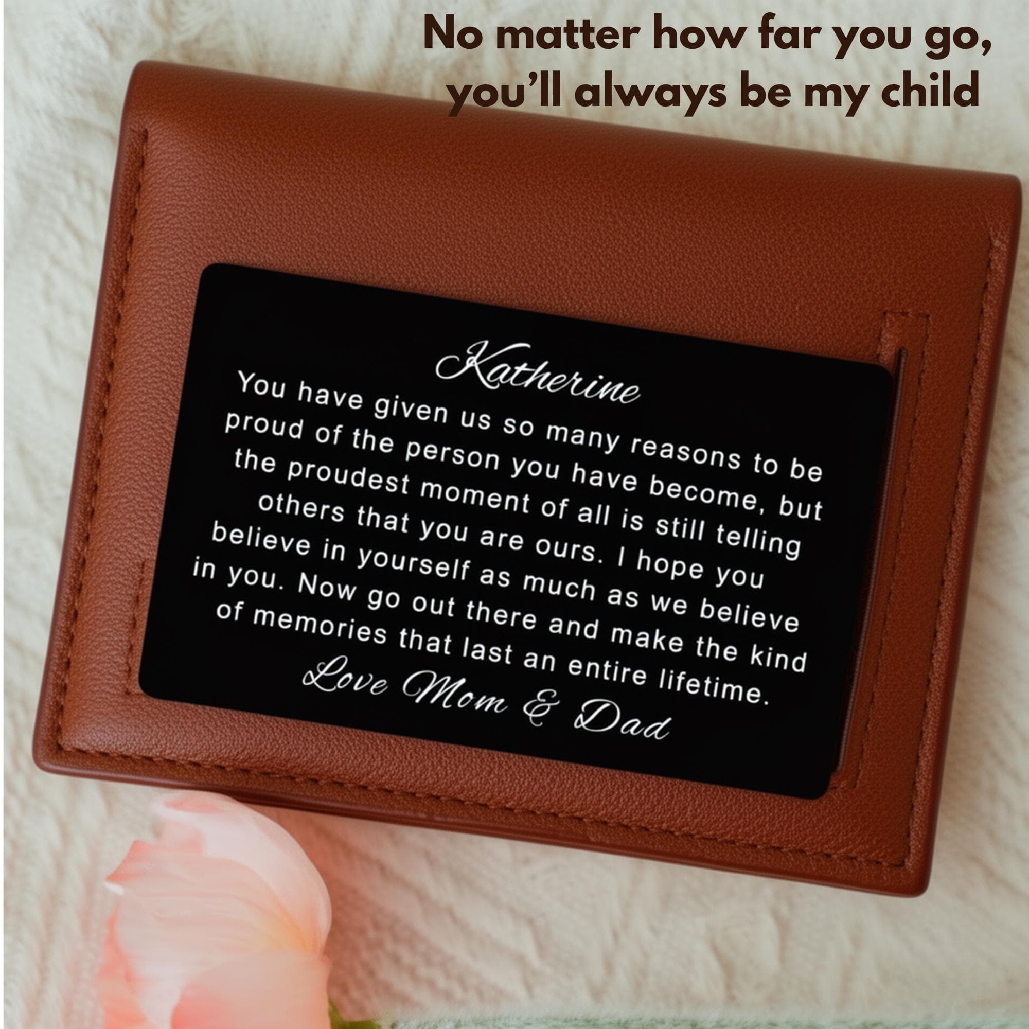 Custom Going Away to College Gift, Leaving Home Keepsake From Mom Dad, New Chapter Gift for Son Daughter, Personalized Metal Wallet Card - image 5