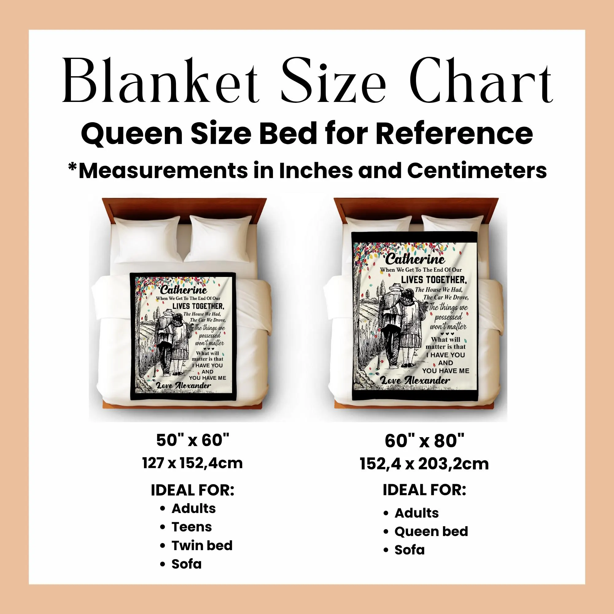 The image is a size chart for a Queen Size Bed for Reference, providing measurements in inches and centimeters for different bed sizes.