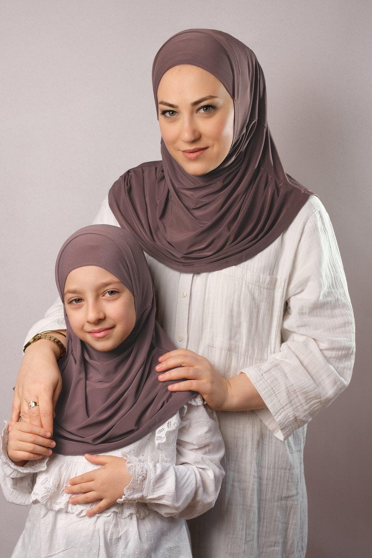Mother-Daughter Matching Hijab Set | Sandy Fabric Instant Hijab with Built-In Bonnet in Multi Colors