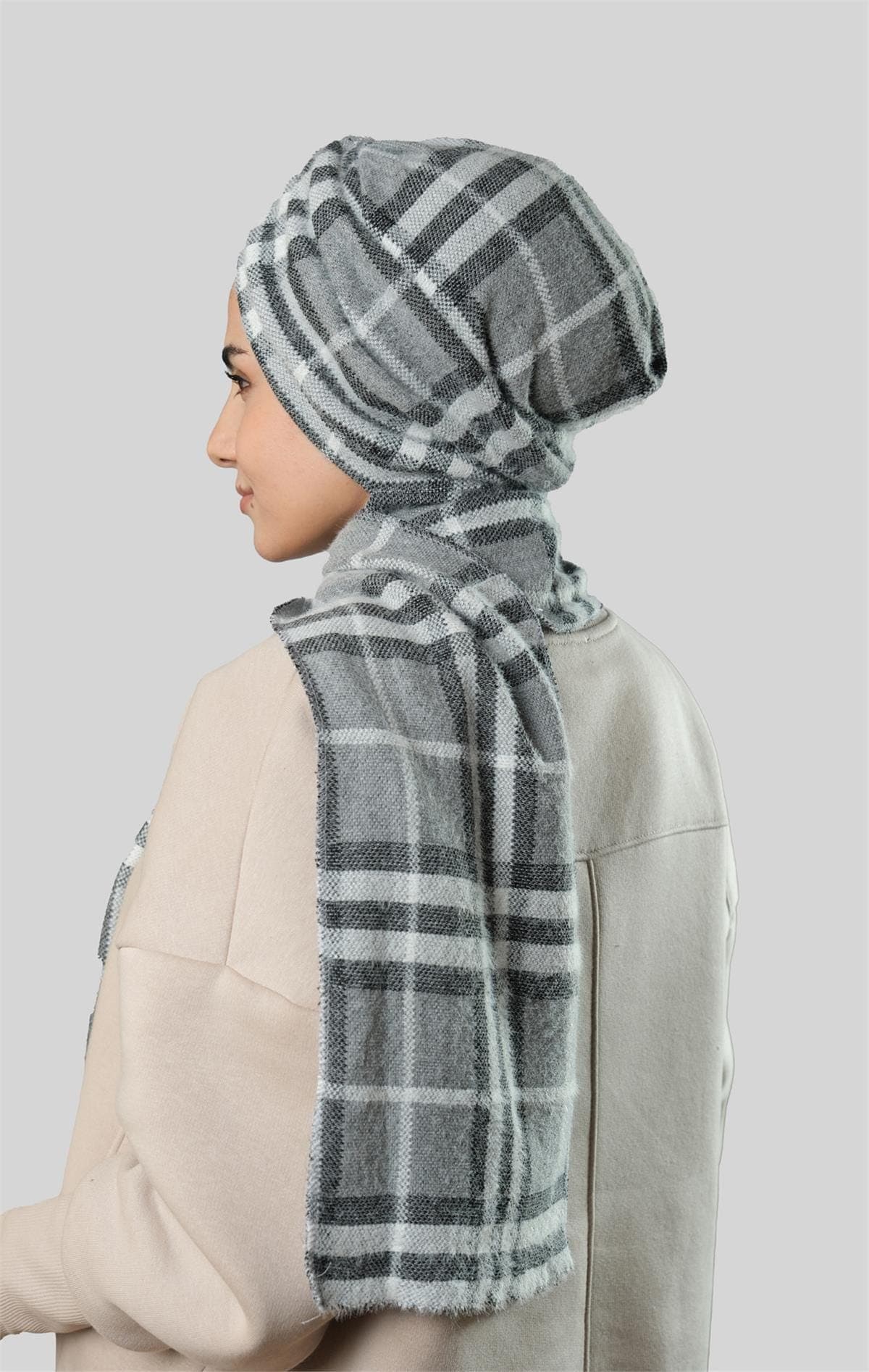 Winter Hijab Scarf with Attached Wrap | Jakar Plaid Headscarf in Grey, Beige & Taupe | Gift for Women