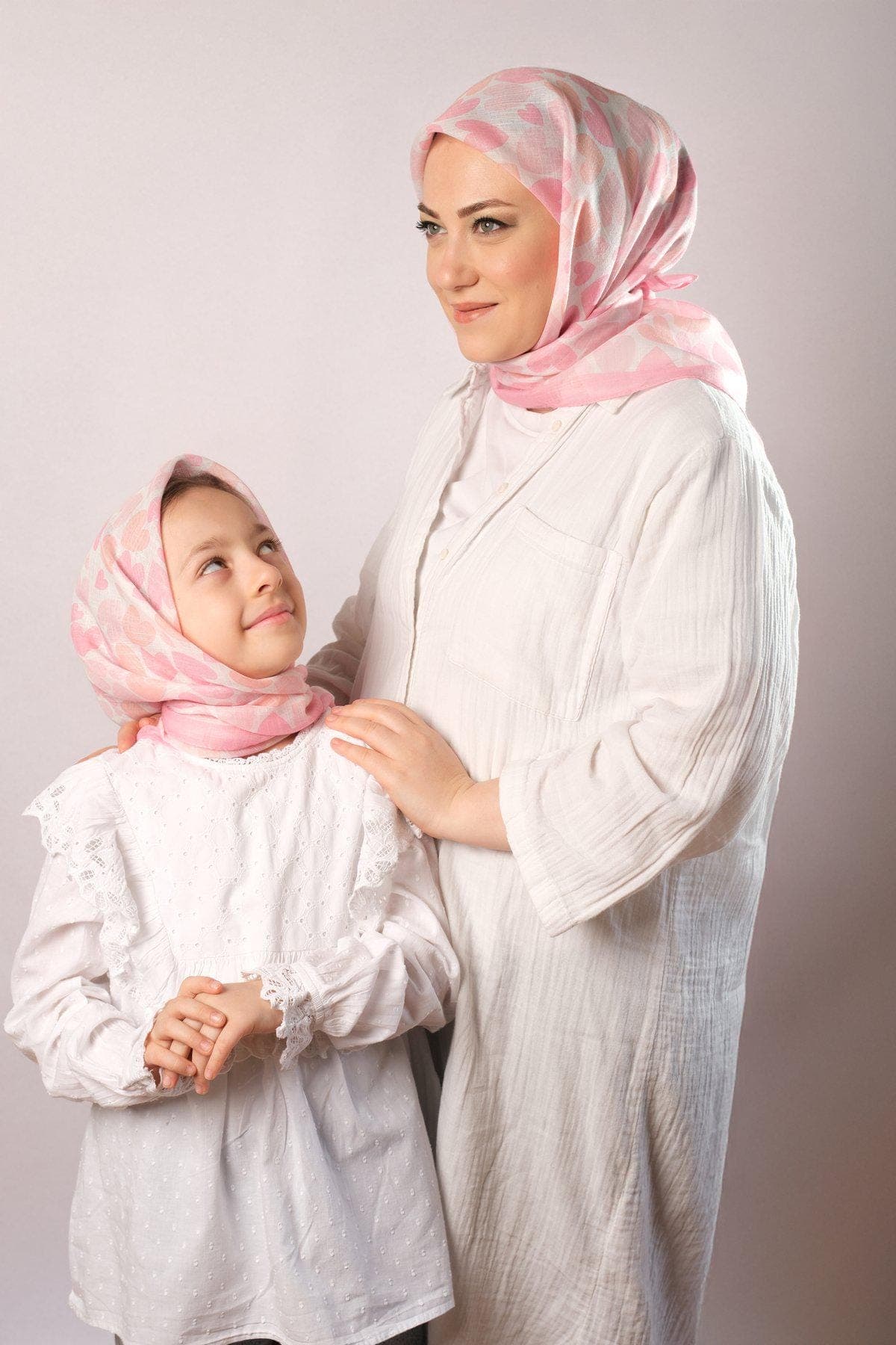 Mother-Daughter Matching Hijab Set | Heart Print Cotton Scarf for Kids & Women in Multiple Colors - image 3