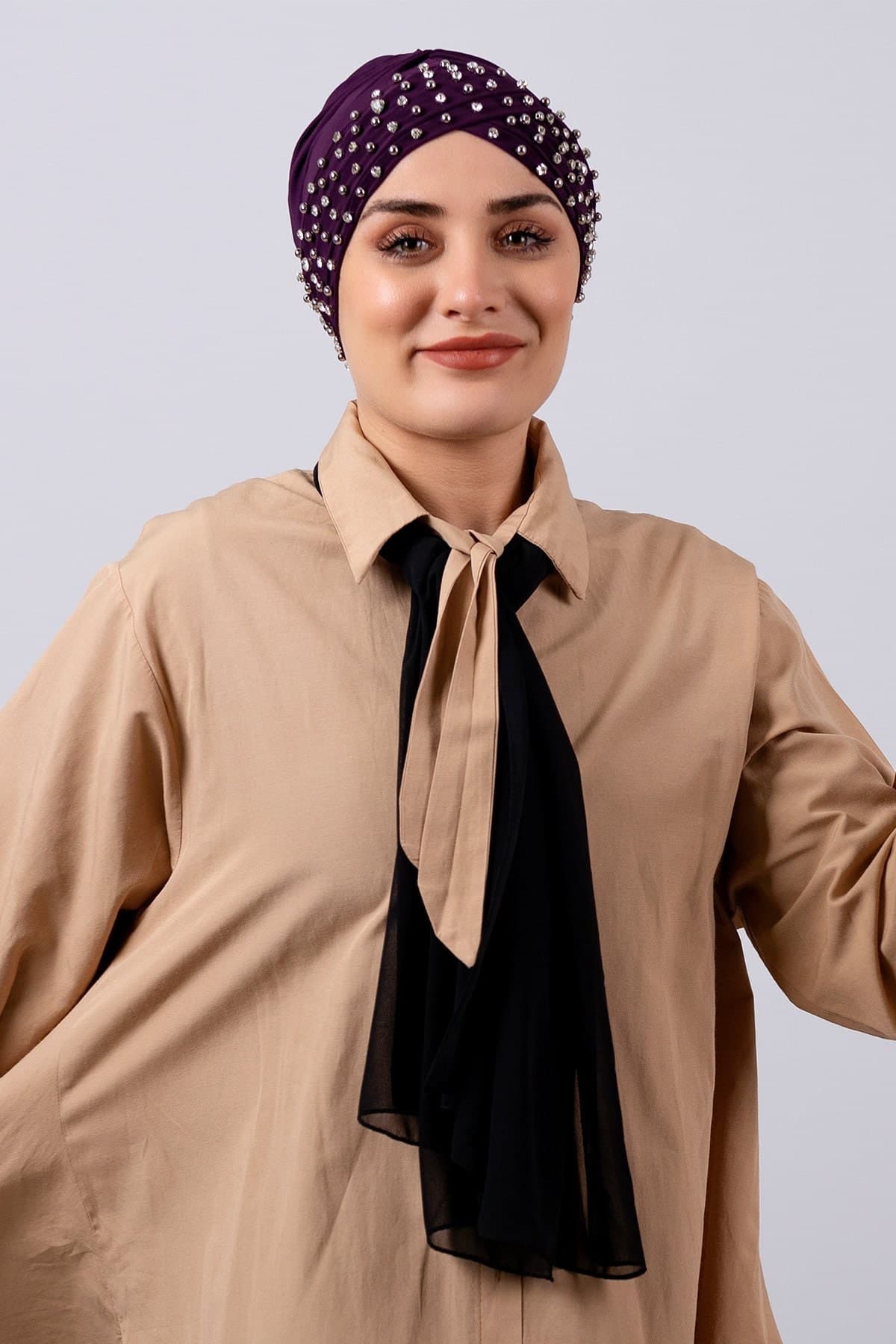 Fashionable Ready-to-Wear Hijab Bonnet | Stone Accents & Sandy Fabric - image 5