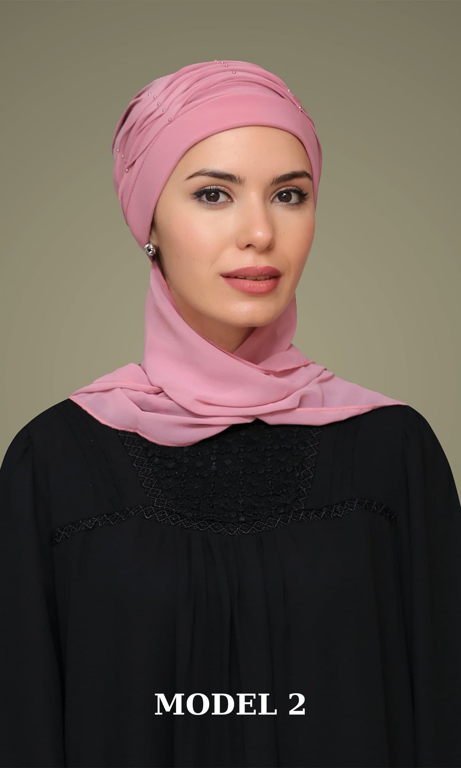 Pearl-Embellished Sandy Hijab | Fashionable Turban with Flower and Scarf, Ready to Wear, Stylish Pearl Hijab Cap, Gift For Her, Gift For Mom - image 4